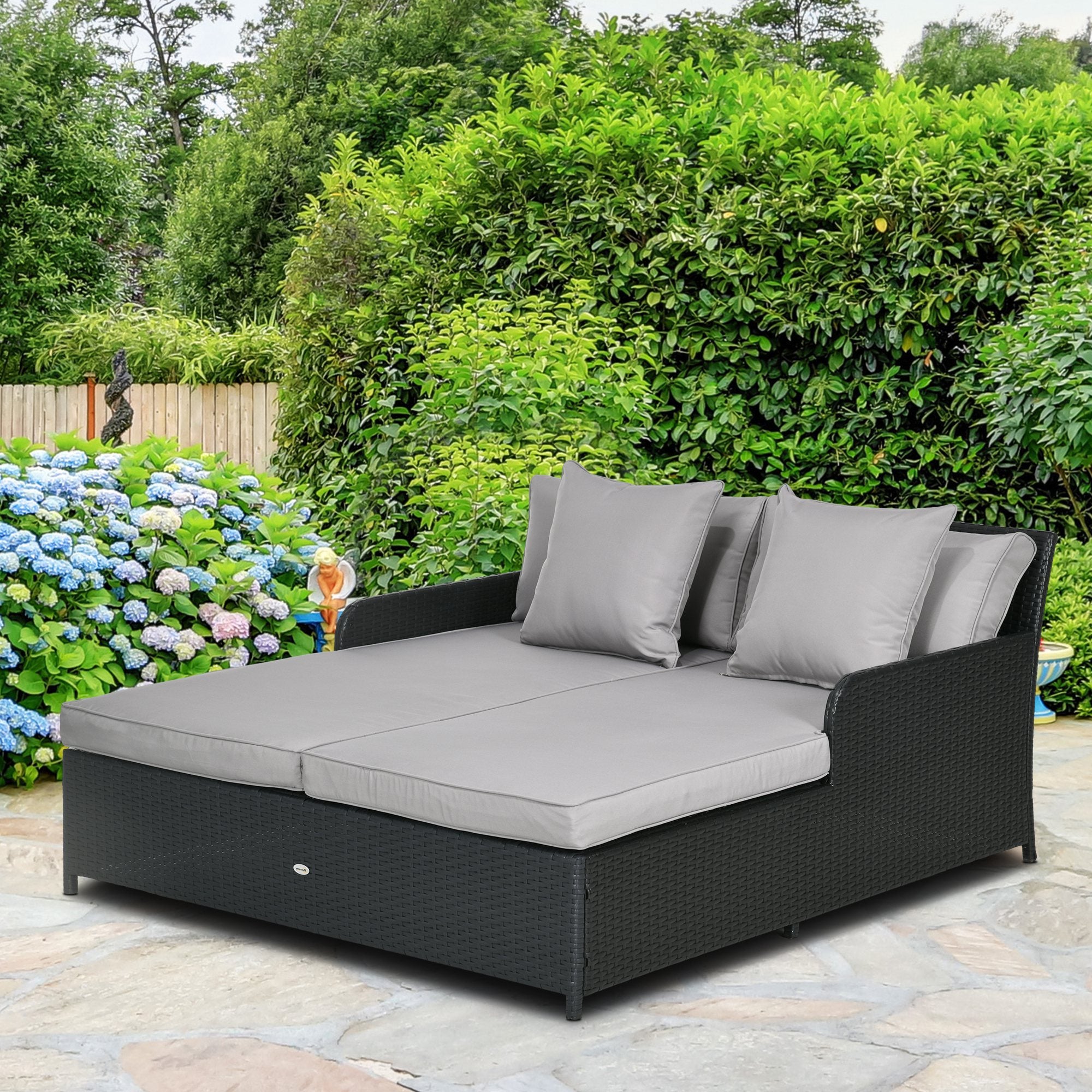 Patio Rattan Double Lounge Daybed, Outdoor Wicker Armrests Chaise Lounge for 2-Person with Cushion &; Pillow, Grey Daybeds Multi Colour  at Gallery Canada