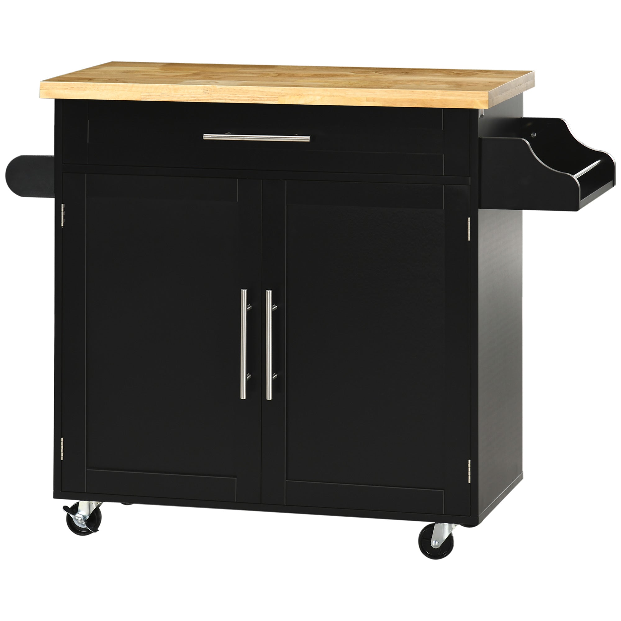Kitchen Island with Storage, Rolling Cart Trolley with Rubberwood Top, Adjustable Shelf, Drawer, Spice Rack, Black Kitchen Islands & Kitchen Carts Black, Natural at Gallery Canada