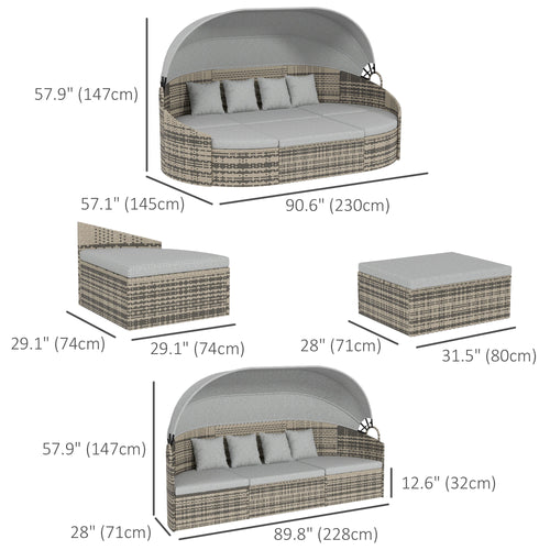 4 Pieces Patio PE Wicker Round Daybed, Outdoor Rattan Garden Lounge Furniture Sets, Light Grey