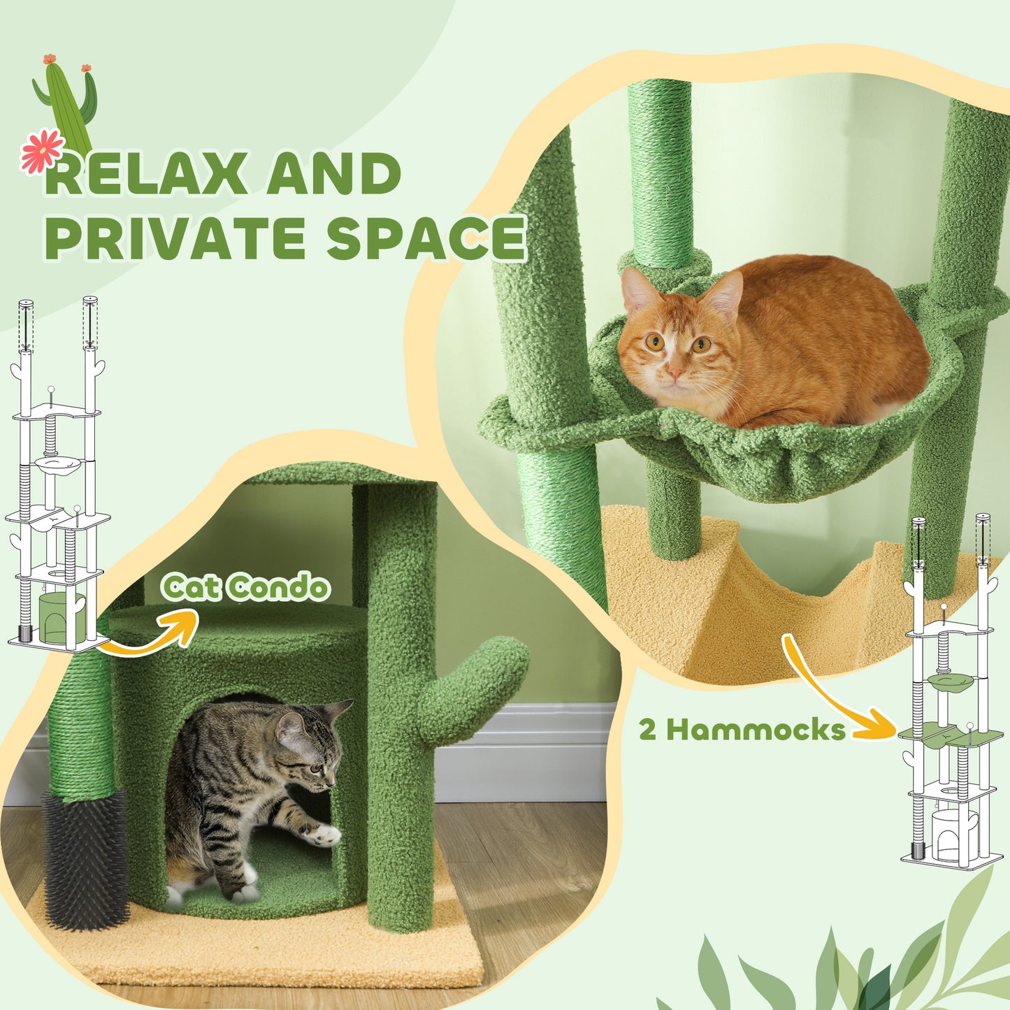 89"-100" Floor to Ceiling Cat Tree Cat Tower for Large Cats w/ Scratching Posts, Grooming Brush Post, Cat Condo, Green Floor to Ceiling Cat Trees   at Gallery Canada