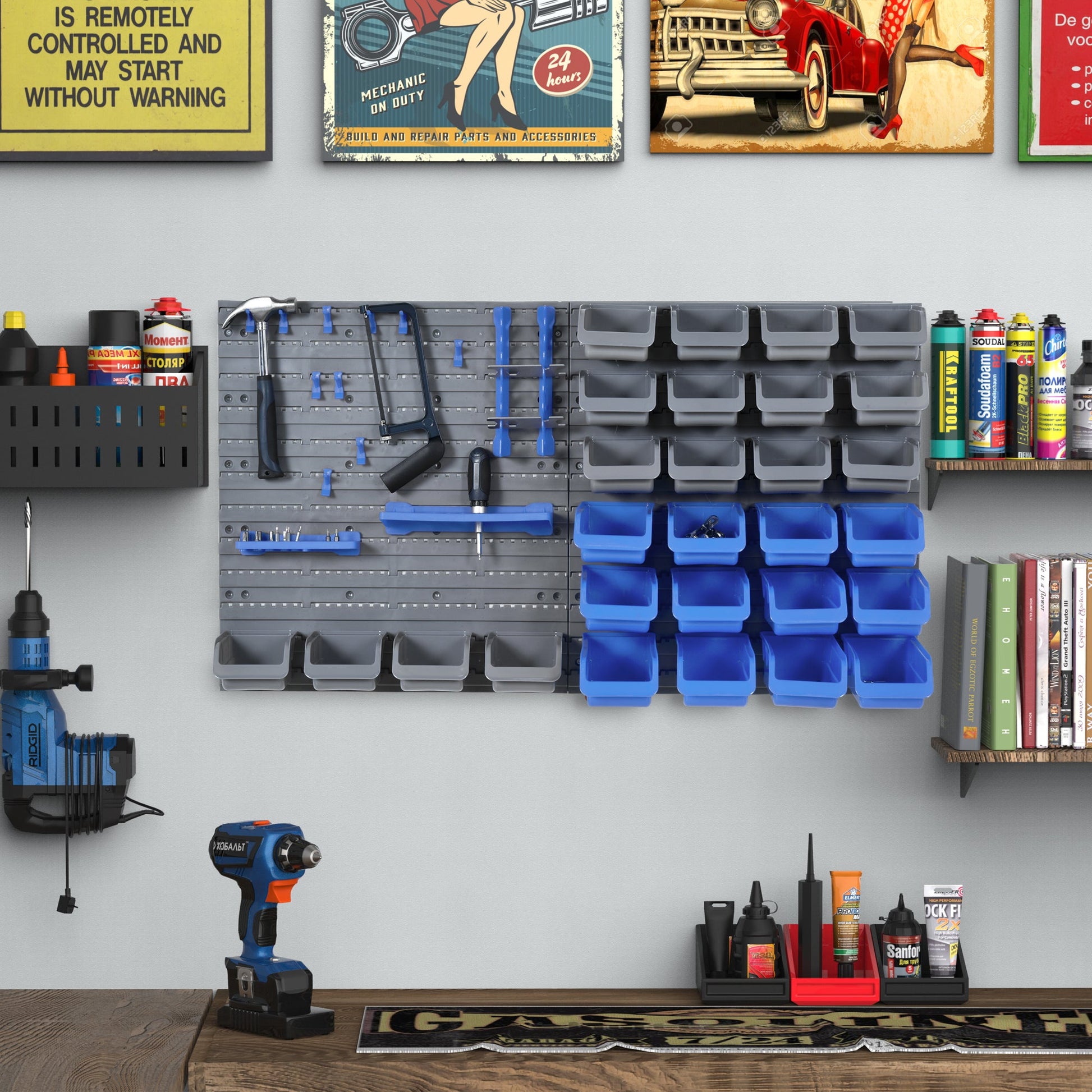 44PC Wall Mounted Storage Bins Parts Rack Kit with Storage Bins, Pegboard and Hooks, Garage Plastic Organizer, Blue Tool Organizers   at Gallery Canada