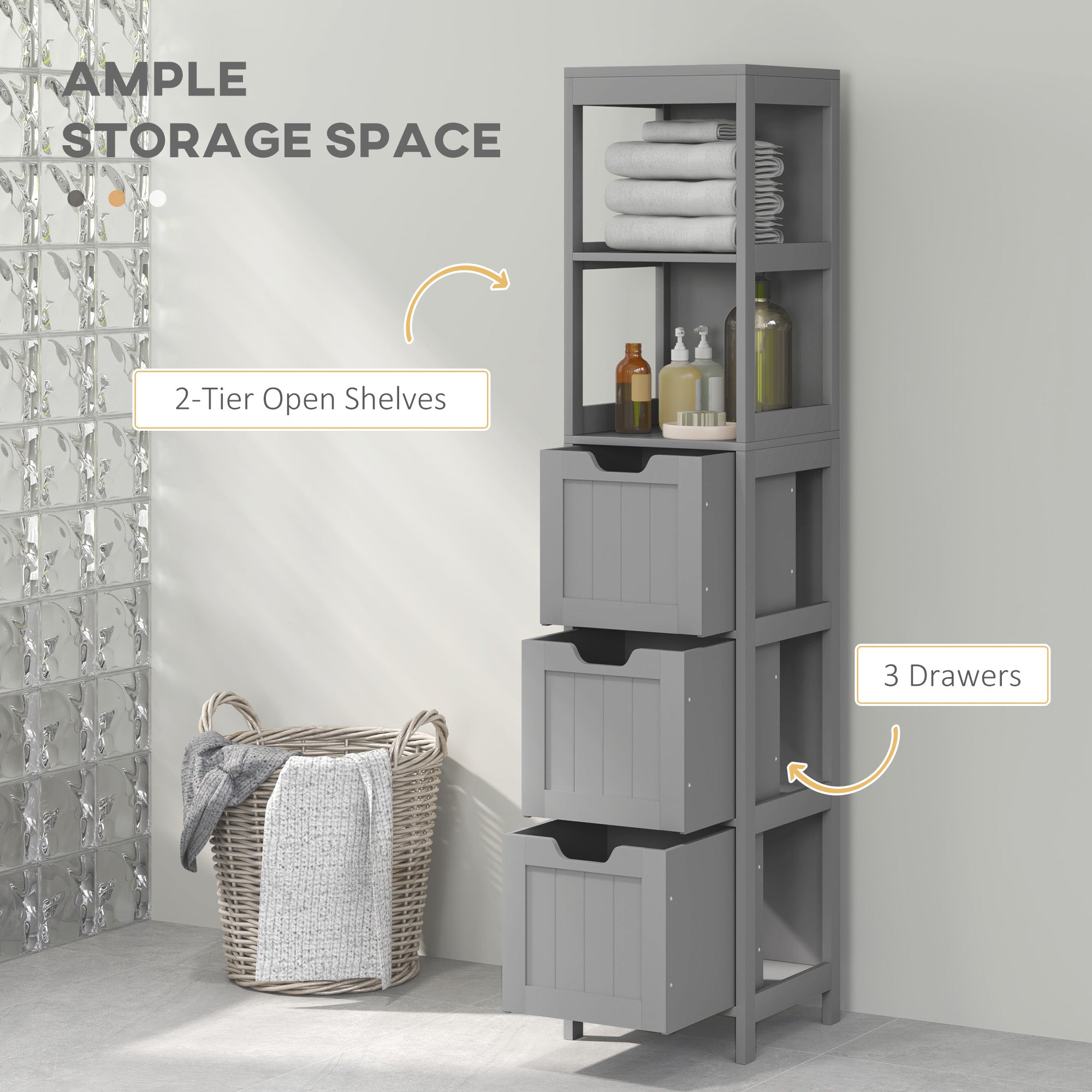 Narrow Bathroom Cabinet with 3 Drawers and 2 Tier Shelf, Tall Cupboard Freestanding Linen Tower, Grey Bathroom Cabinets   at Gallery Canada