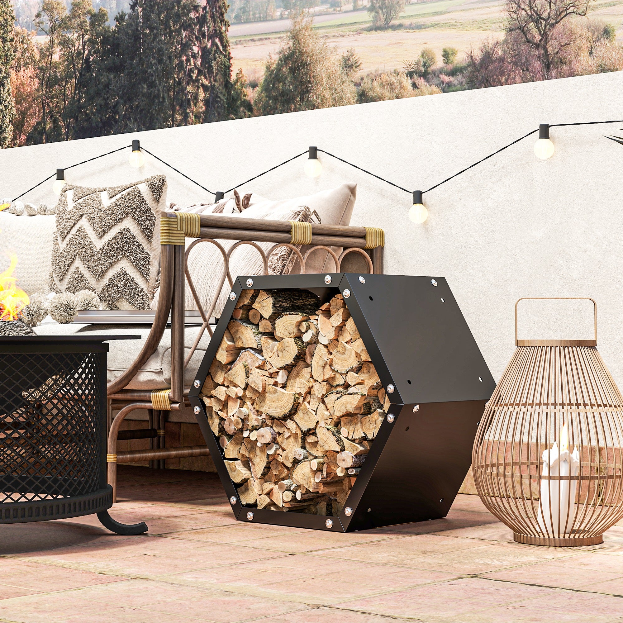 Hexagon Firewood Log Rack Heavy-Duty Steel Log Holder for Outdoor Indoor Use, 25.6