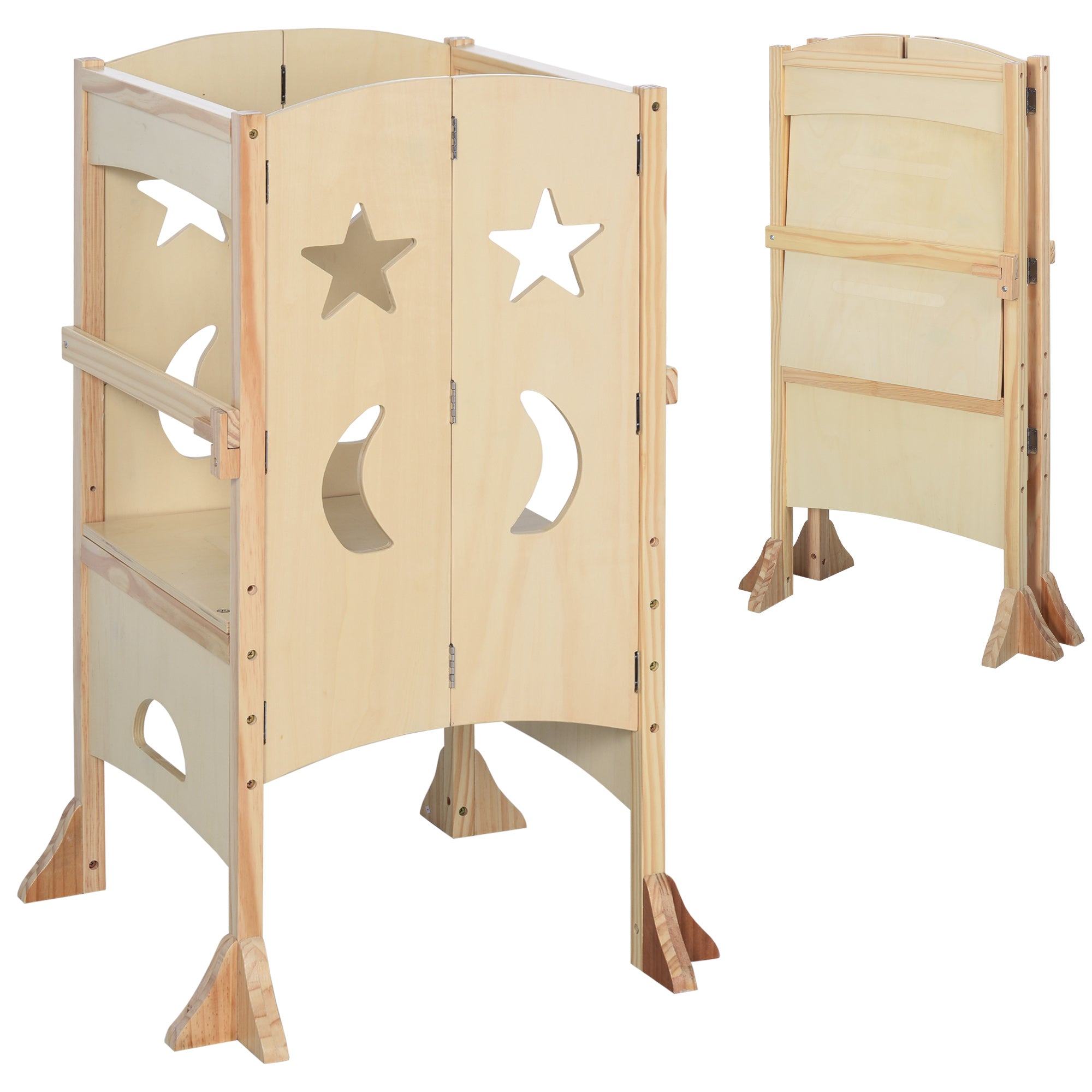 Folding Toddler Tower, Kitchen Helper Step Stool with Support Handles, Safety Rail and Non-Slip Strips, for Kids Washroom Dining Room Learning, Natural Toddler & Kids Step Stools Natural at Gallery Canada