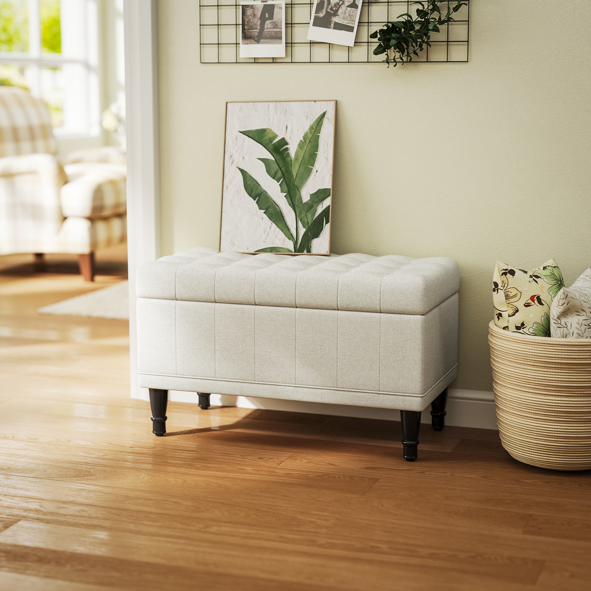 Storage Ottoman, Linen Fabric End of Bed Bench with Button Tufted Storage Bench for Bedroom, Beige Storage Ottomans & Benches at Gallery Canada