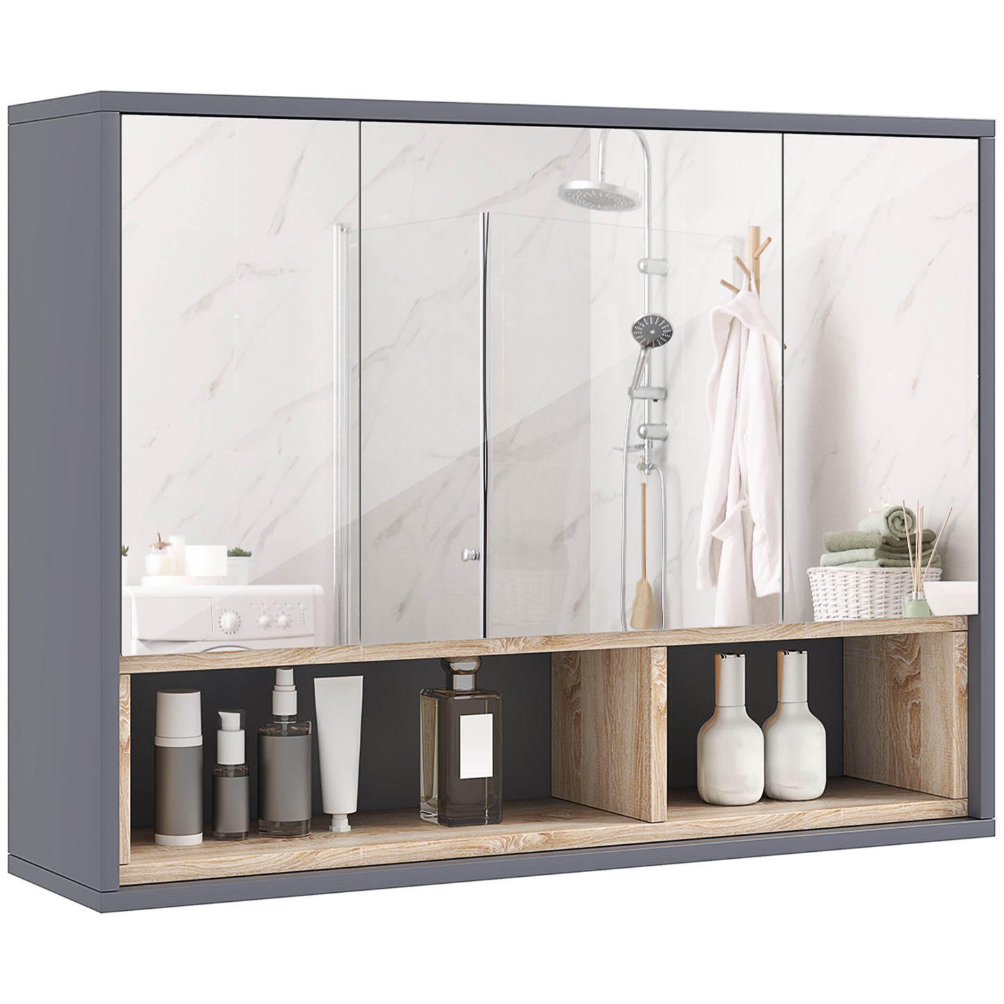 Wall Mounted Bathroom Medicine Cabinet with Mirror and Shelves, Grey