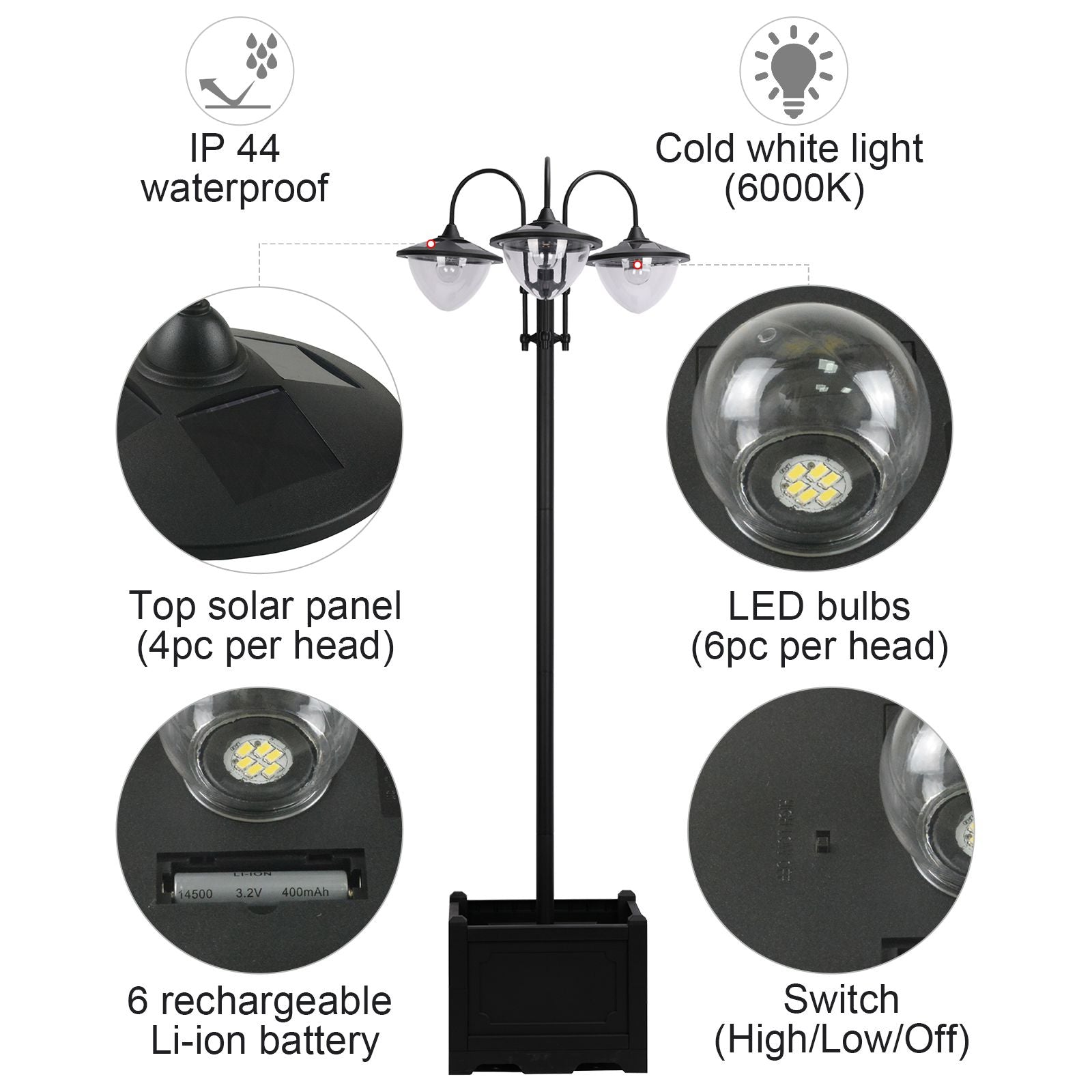 3-head LED Solar Light Lamp Street Light Post with Planter, Solar-powered Lamp Post, Black Solar Post Lamps at Gallery Canada