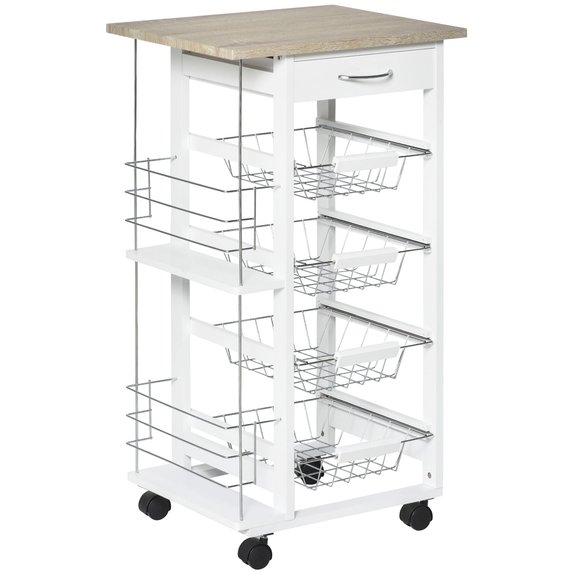 Rolling Kitchen Cart, Utility Storage Cart with 4 Baskets, Drawer, Side Racks, Wheels for Dining Room, Natural and White Kitchen Islands & Kitchen Carts Natural and White  at Gallery Canada