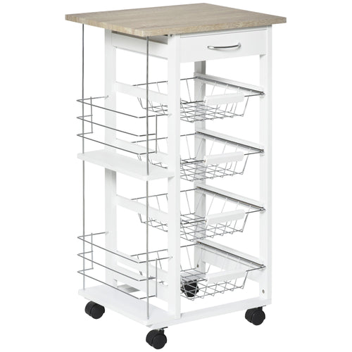 Rolling Kitchen Cart, Utility Storage Cart with 4 Baskets, Drawer, Side Racks, Wheels for Dining Room, Natural and White