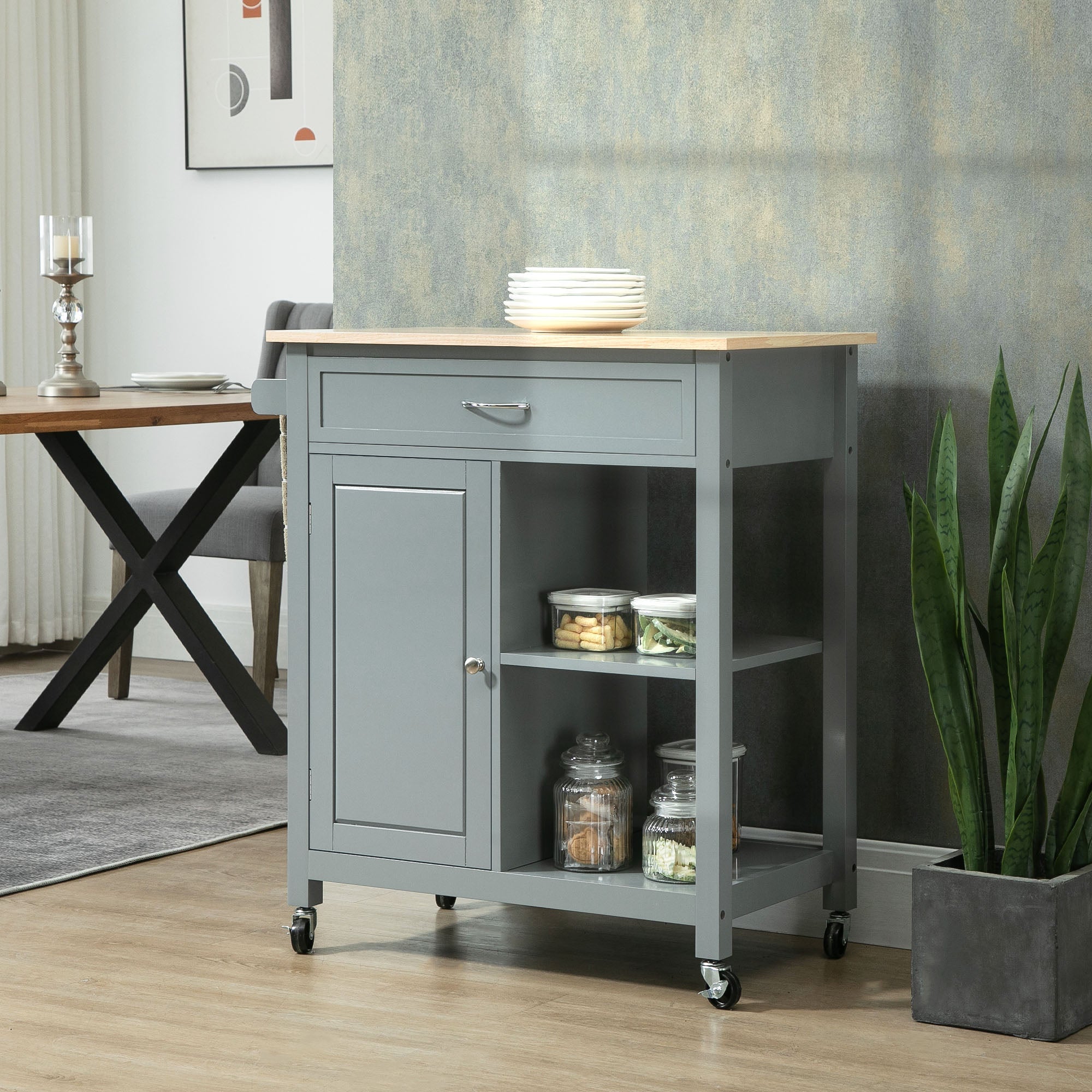 Rolling Kitchen Cart with Wood Top and Drawer, Kitchen Island on Wheels for Dining Room, Grey Kitchen Islands & Kitchen Carts   at Gallery Canada