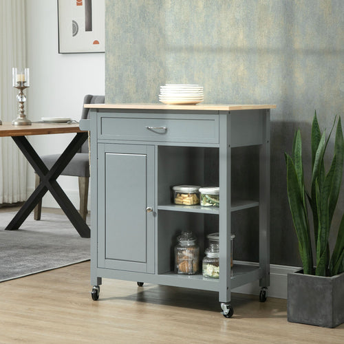 Rolling Kitchen Cart with Wood Top and Drawer, Kitchen Island on Wheels for Dining Room, Grey