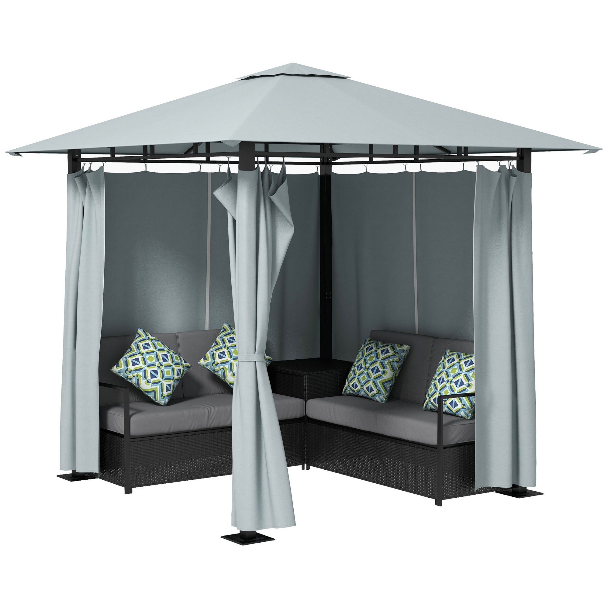 Patio Furniture Set with Gazebo, Outdoor PE Rattan Wicker Conversation Sofa with Storage Corner Table, Cushion, for Backyard, Porch, Poolside, Balcony, Grey Patio Furniture Sets Grey, Black, White, Green at Gallery Canada