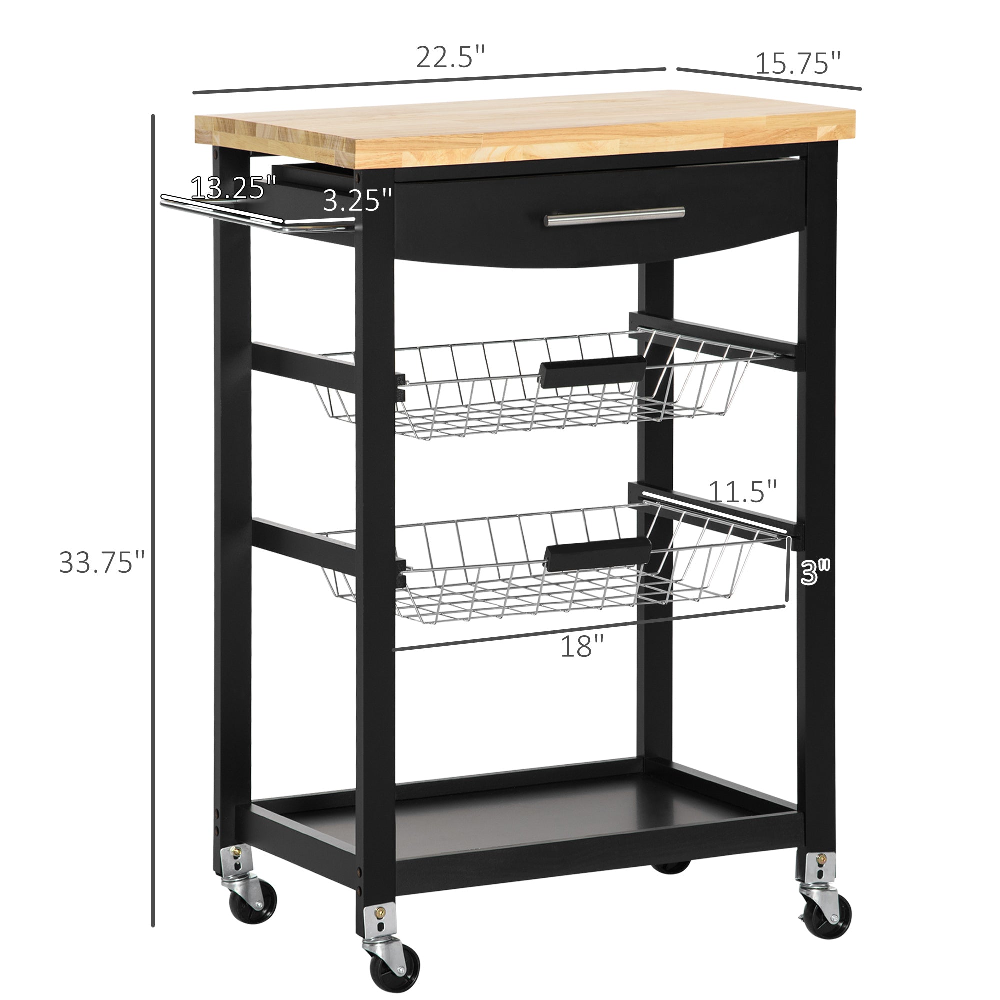 3-Tier Utility Kitchen Cart with Handle Bar, Steel Basket Rolling Kitchen Island, Food Storage Service Trolley with Wheels, Rubber Wood Top, Black Kitchen Islands & Kitchen Carts Black  at Gallery Canada