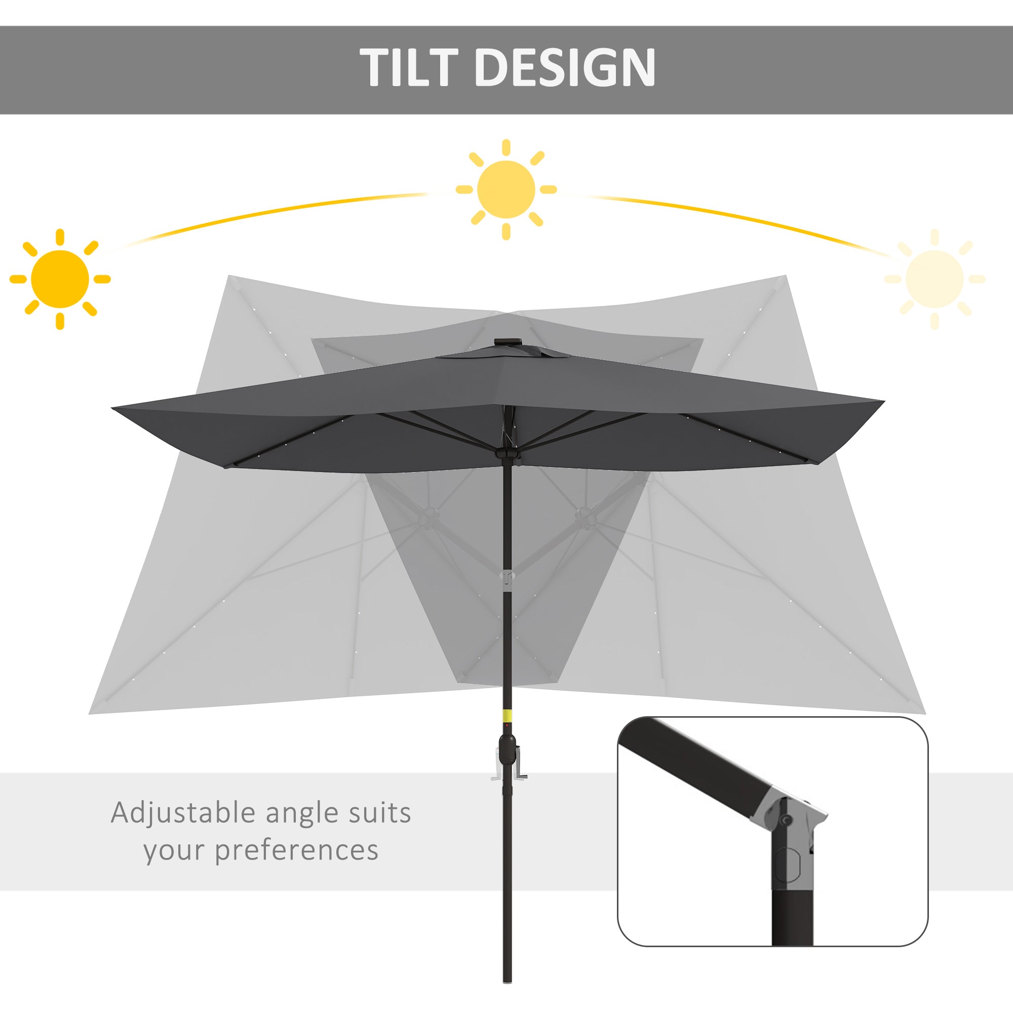 6.5x10ft Patio Umbrella Tilt Aluminum Outdoor Market Parasol with Solar Powered LEDs, Crank - Dark Grey Sun Umbrellas at Gallery Canada