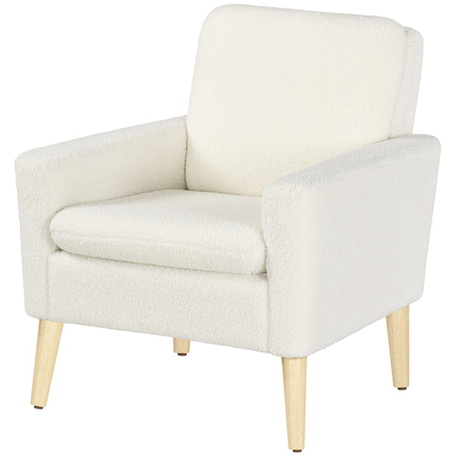 Fabric Accent Chair, Modern Upholstered Armchair with Wood Legs and Wide Padded Seat, Cream White