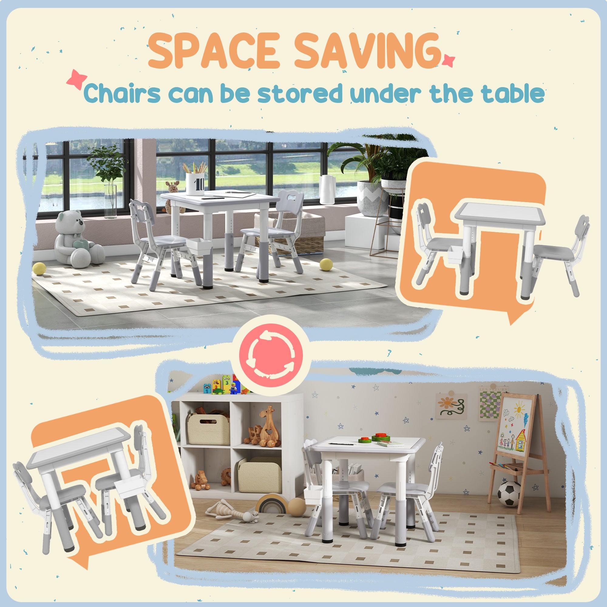 3 Pieces Toddler Table and Chair Set, Height Adjustable Kids Table and Chair Set w/ Storage, for Playroom Grey Kids Table Sets   at Gallery Canada