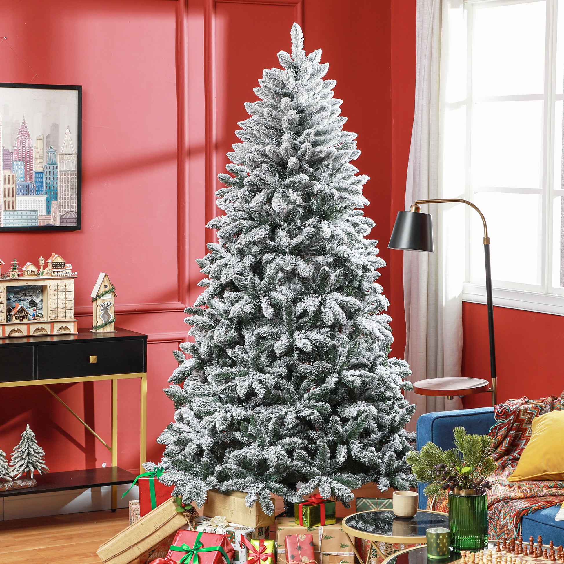 7 Foot Artificial Flocked Christmas Tree with Snow, Metal Stand, Hinged Xmas Tree for Home Office Holiday Flocked Christmas Trees Green  at Gallery Canada