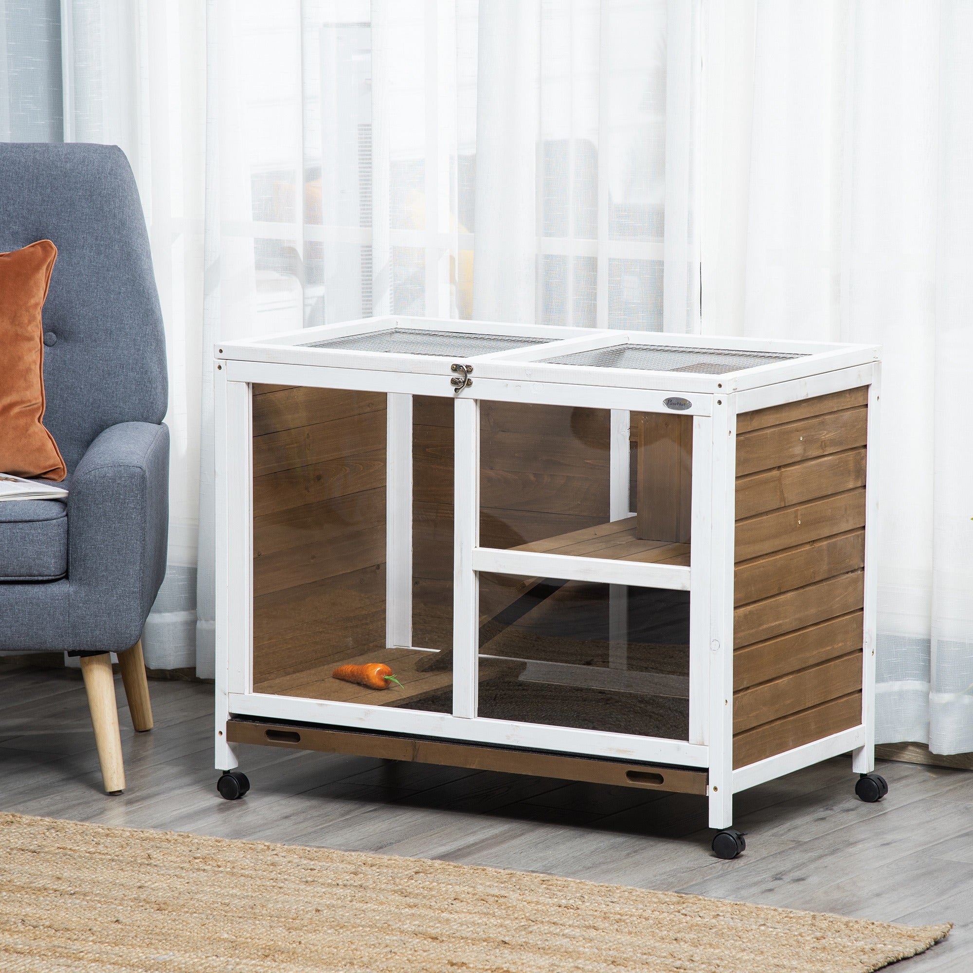 Indoor Rabbit Hutch with Wheels, Bunny Cage Guinea Pig House W/ Top Access, Ramp, Pull Out Tray, Brown Rabbit Hutch at Gallery Canada