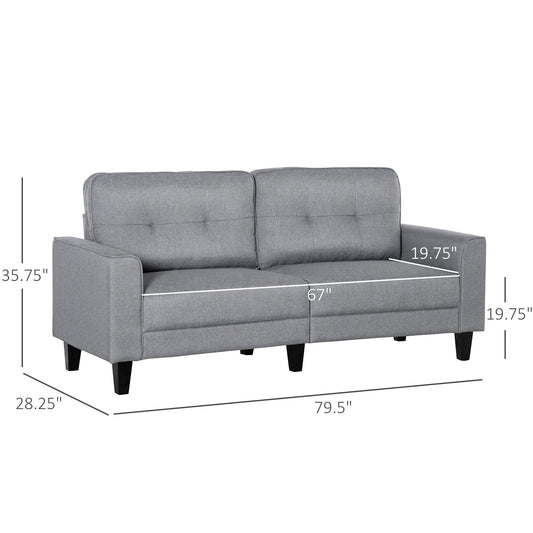 3-Seater Sofa, Mid-Century Linen Couch with Upholstered Seat, Button-Tufted Back Cushion and Rubber Wood Legs for Living Room, Bedroom, Gray 3-Seater Sofas Grey  at Gallery Canada