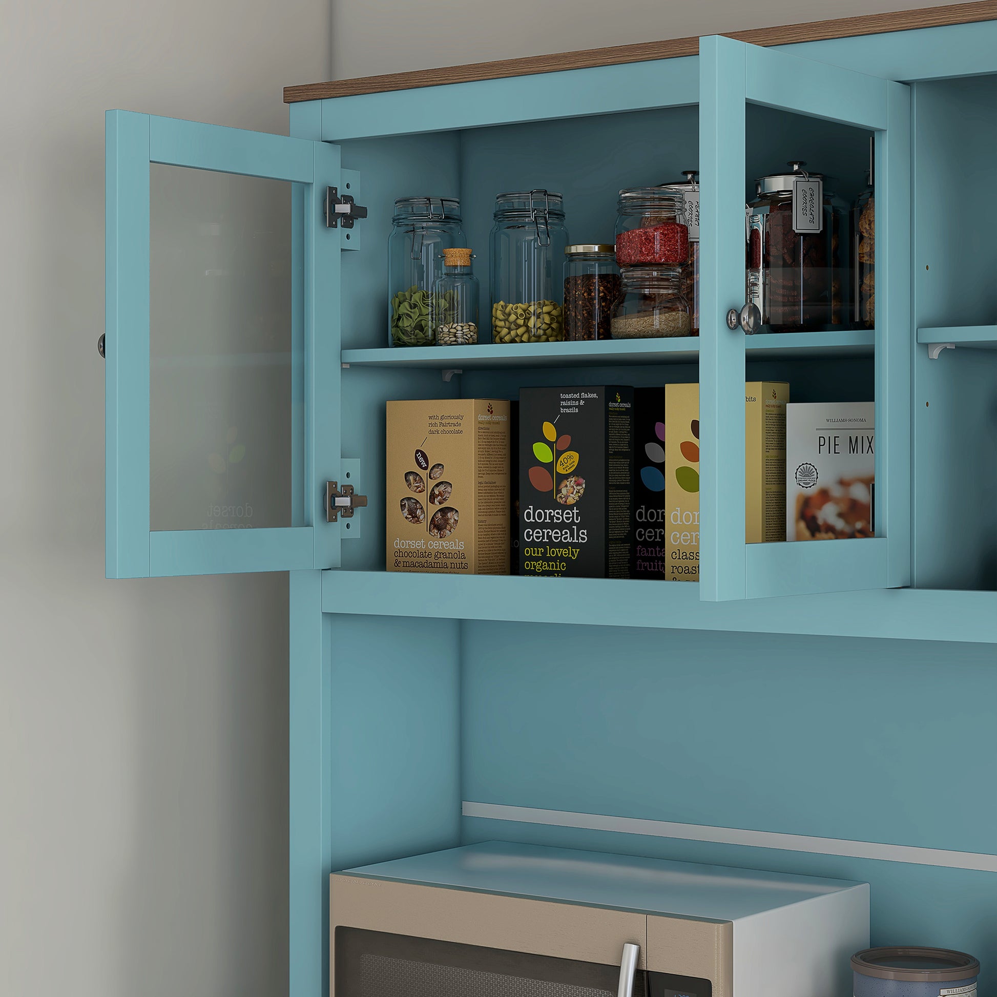 71" Kitchen Pantry Cabinet with Microwave Space, Buffet with Hutch, 2 Drawers, Adjustable Shelves and Glass Doors, Blue Kitchen Pantry Cabinets   at Gallery Canada