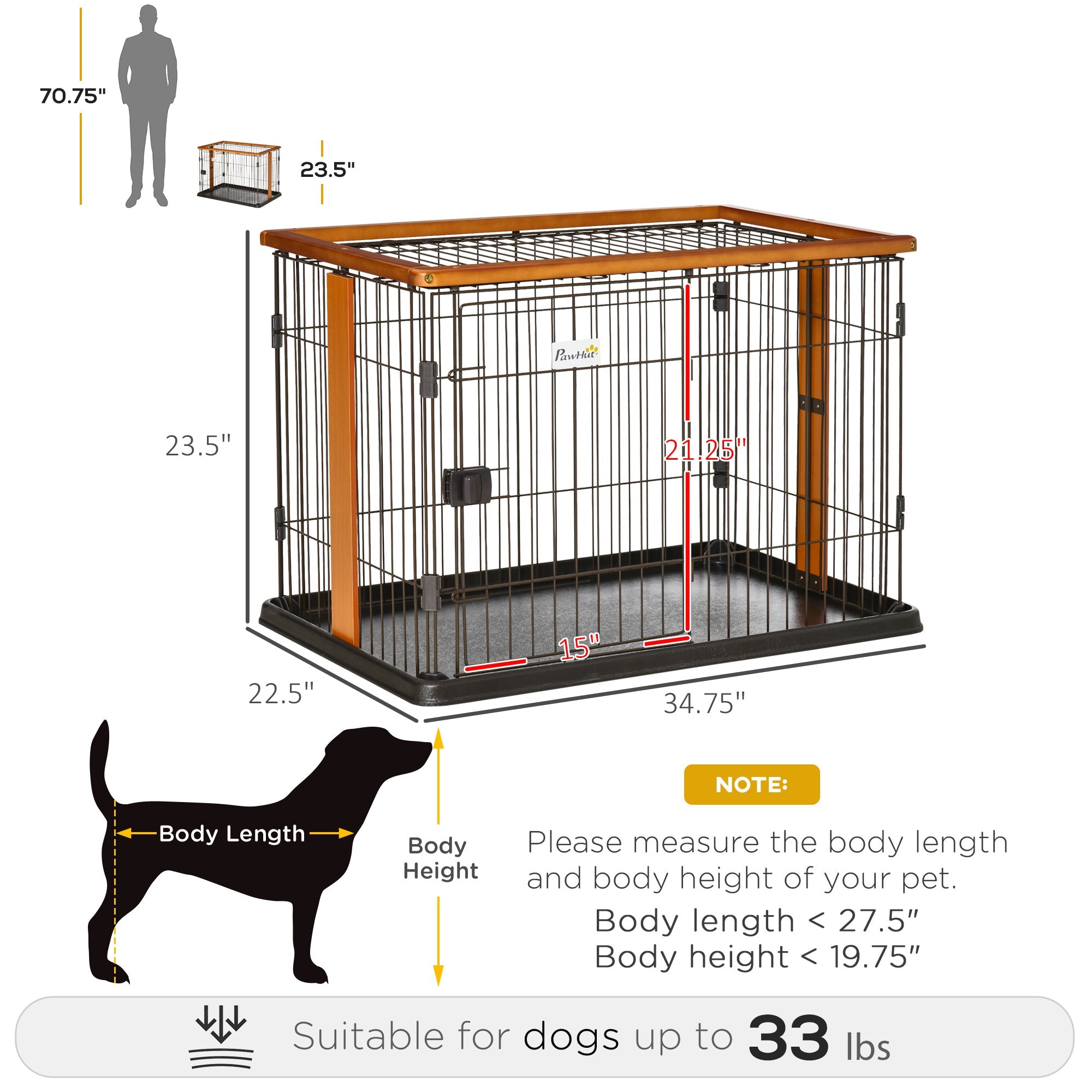 Steel Dog Crate Cage, Lightweight Puppy Kennel, with Front Door, Secured Latch, No Leak Tray, for Small &; Medium Sized Dog, 35