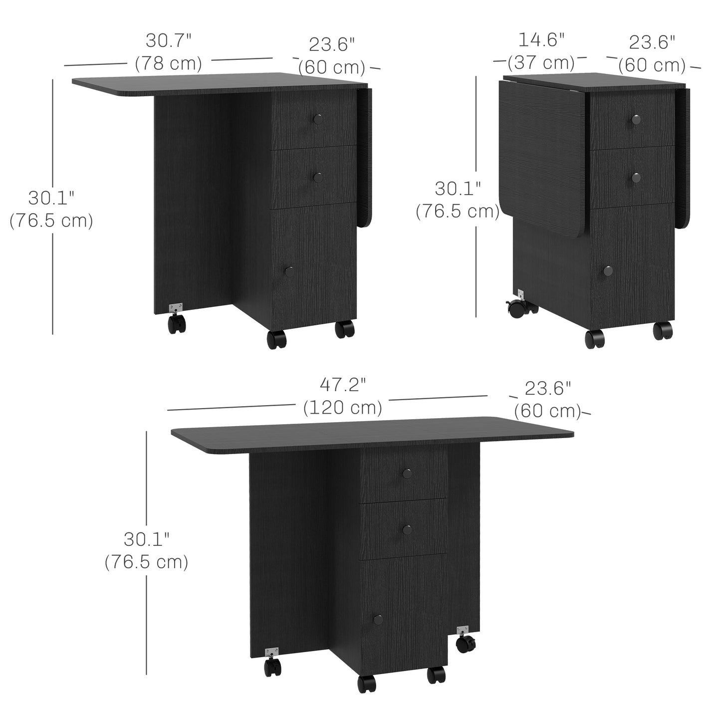 Drop Leaf Dining Table, Mobile Folding Table on Wheels with Drawers and Cabinet for Dining Room, Kitchen, Black Bar Tables & Dining Tables   at Gallery Canada