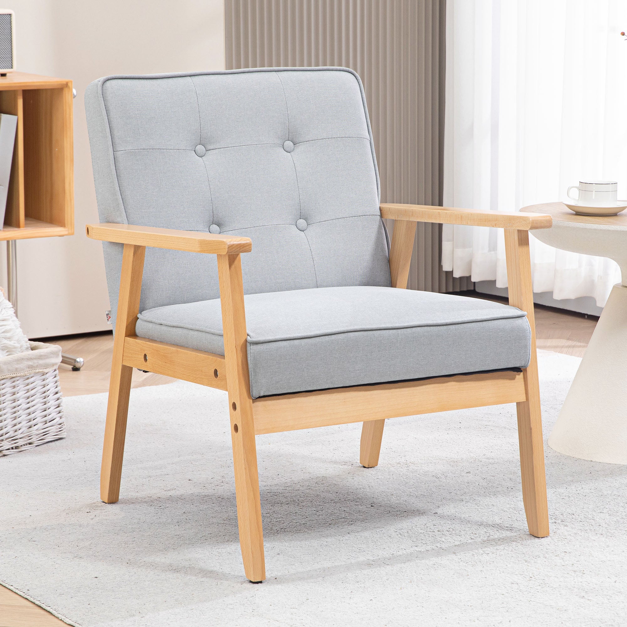 Modern Armchair Fabric, Accent Chair with Tufted Back, Wood Legs and Thick Padding for Living Room, Bedroom, Light Grey Accent Chairs   at Gallery Canada