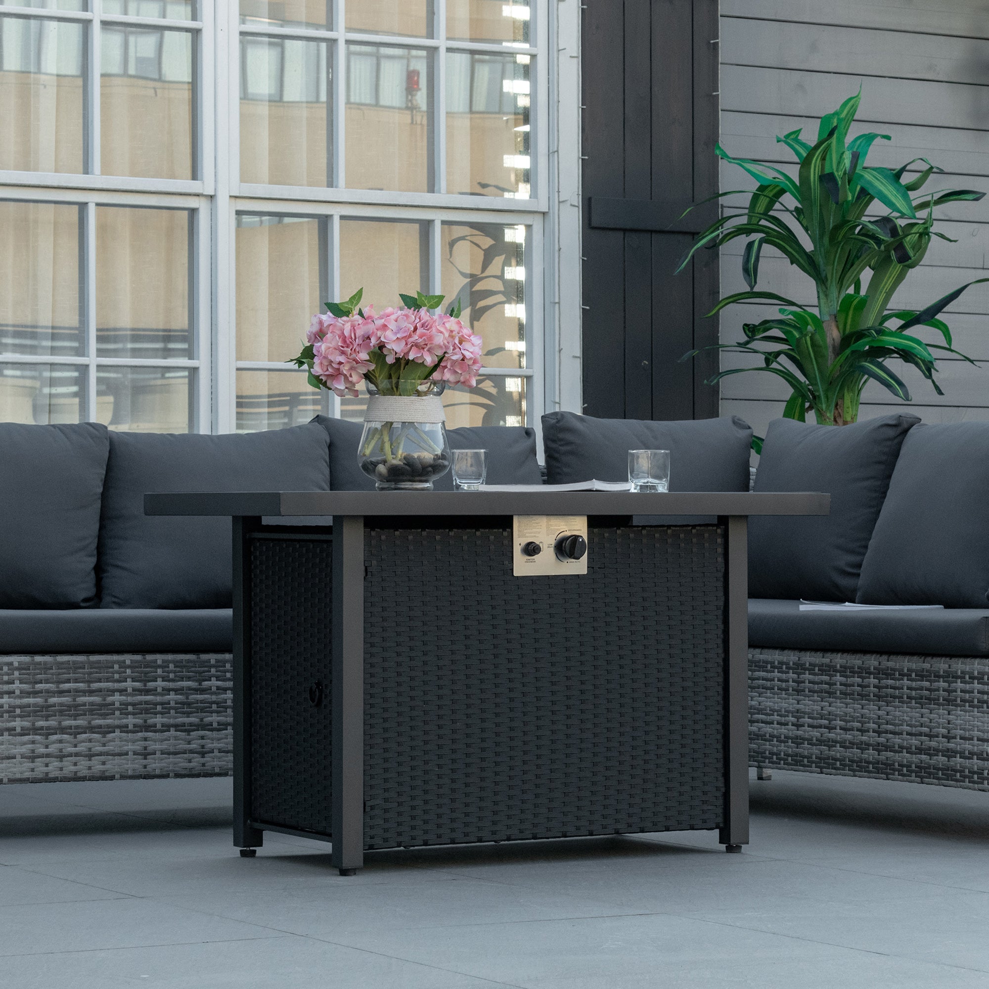 Propane Fire Pit Table 43in Outdoor Square Fire Table, 50,000 BTU Pulse-Ignition Wicker Firepit Furniture with Glass Wind Guard, Blue Glass Rock, CSA Certification, Black Fire Pits at Gallery Canada