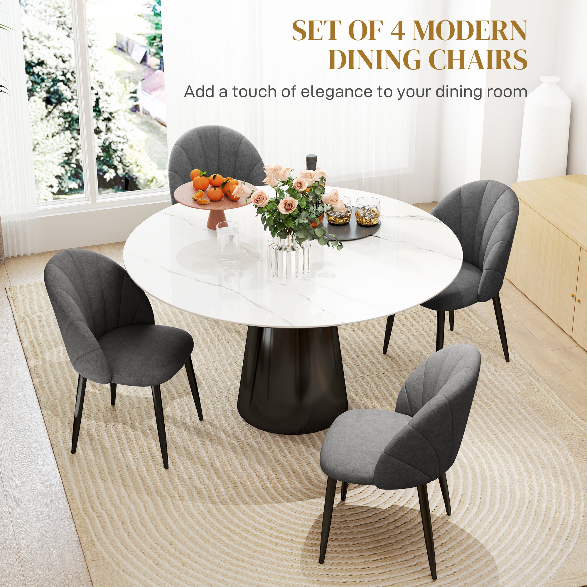 Modern Dining Chairs Set of 4, Upholstered Dining Room Chairs with Metal Legs, Shell Backrest, Padded Seat, Dark Grey Dining Chairs at Gallery Canada