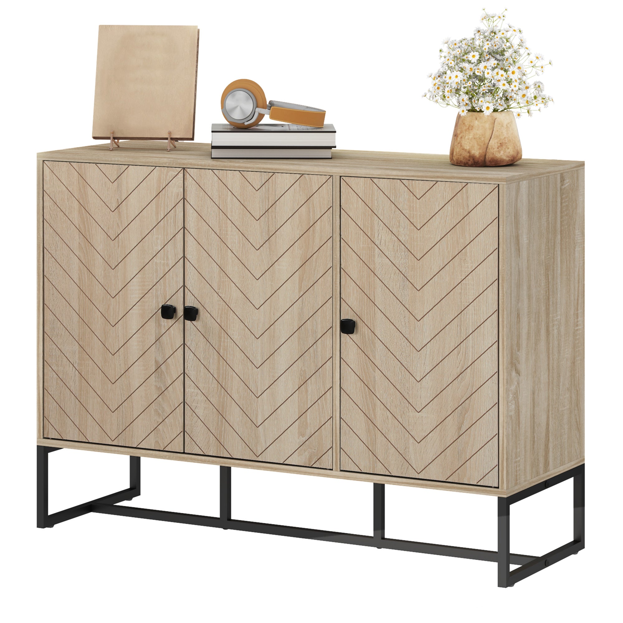 Modern Sideboard, Buffet Cabinet with Adjustable Shelves, 3 Chevron Doors for Living Room, Hallway, Oak Wood Grain Storage Cabinets Oak Wood Grain at Gallery Canada
