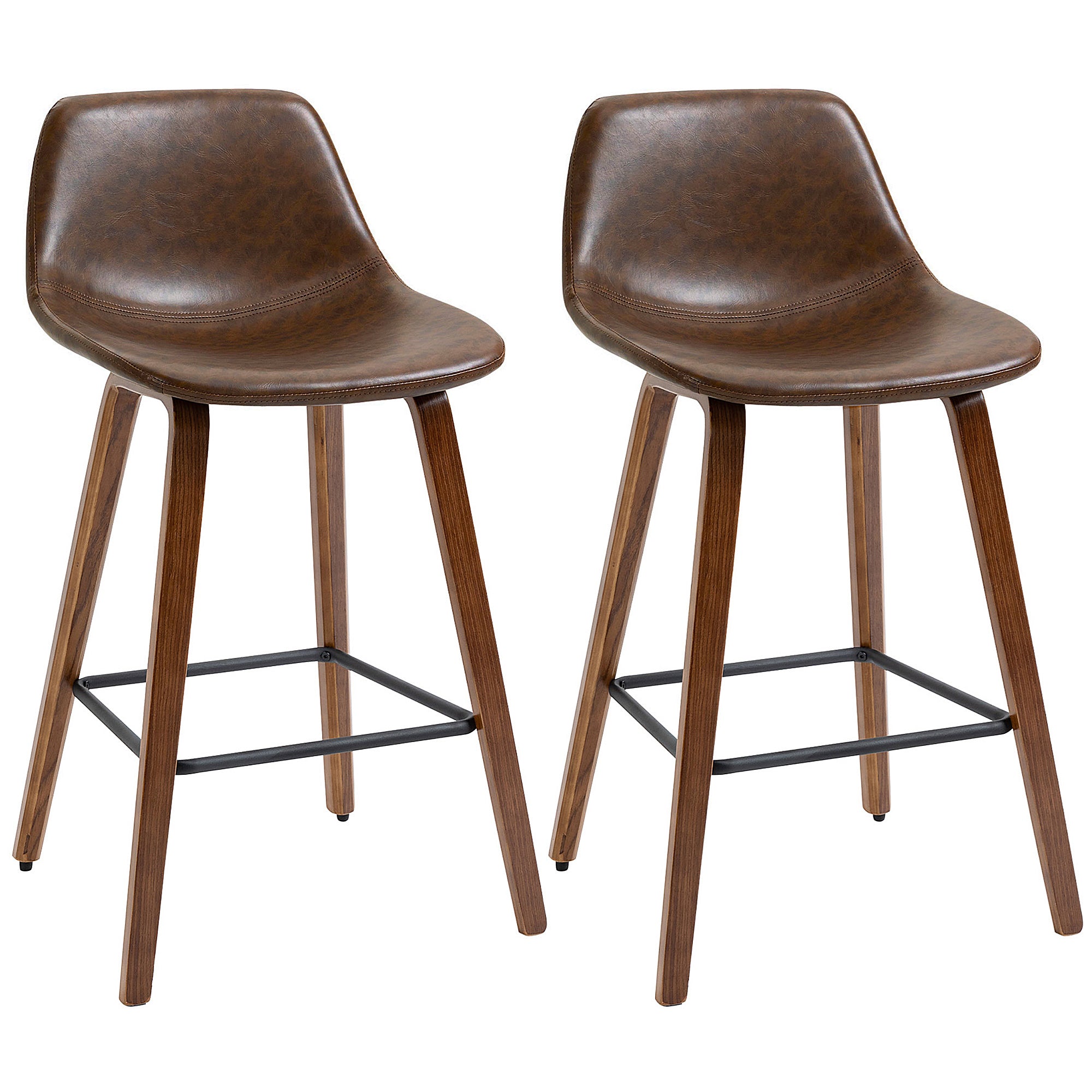 Counter Height Bar stools Set of 2 Mid-Back PU Leather Bar Chairs with Wood Legs, Brown Bar Stools Brown  at Gallery Canada