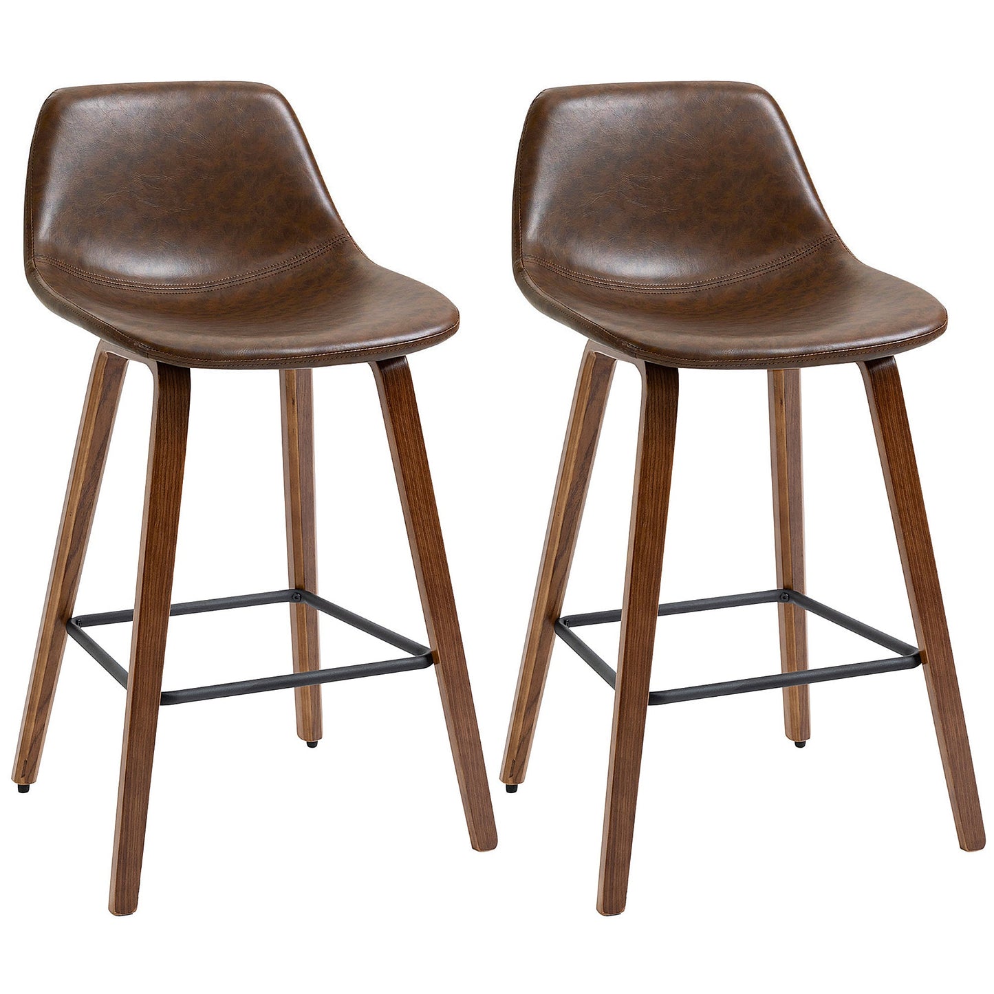 Counter Height Bar stools Set of 2 Mid-Back PU Leather Bar Chairs with Wood Legs, Brown Bar Stools Brown  at Gallery Canada