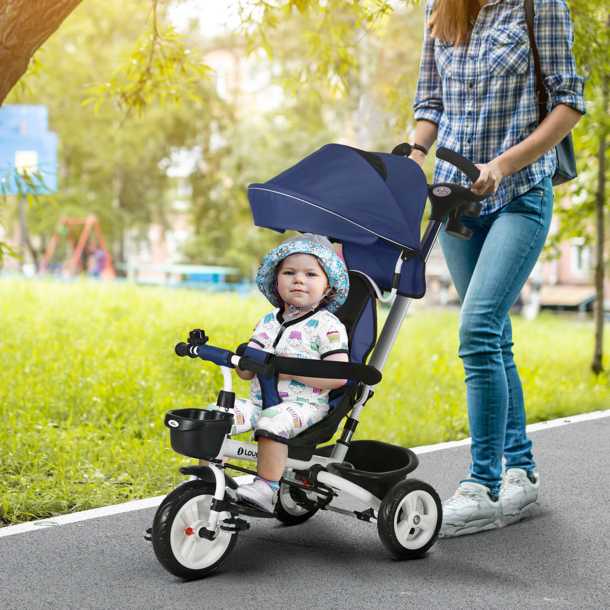 6 in 1 Toddler Tricycle with Parent Push Handle, Canopy, Storage Baskets, Cupholder, Dark Blue Tricycles for Kids at Gallery Canada