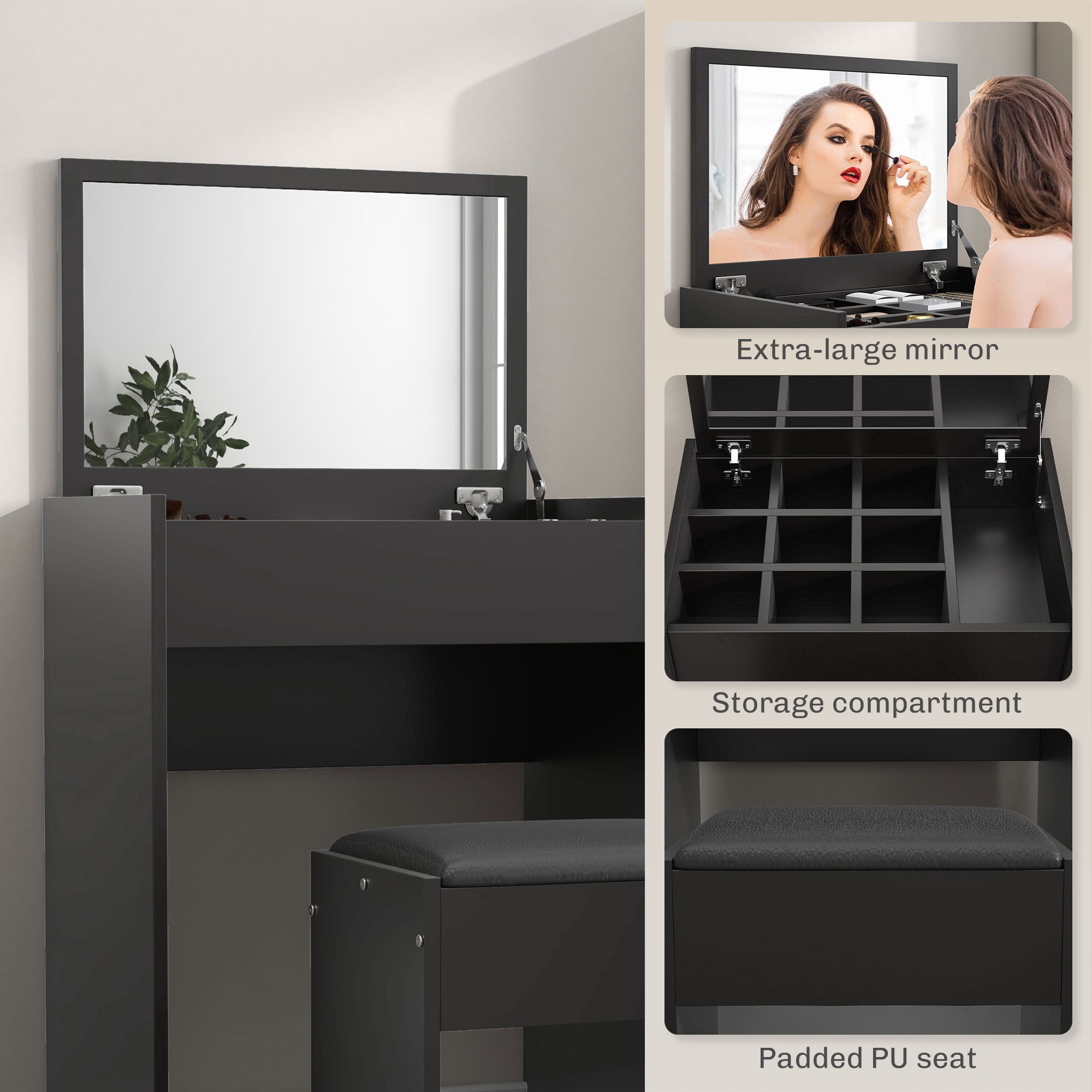 Modern Vanity Set with Makeup Table and Cushioned Stool, Dressing Table with Flip Top and Mirror for Bedroom, Black Dressing & Vanity Tables   at Gallery Canada