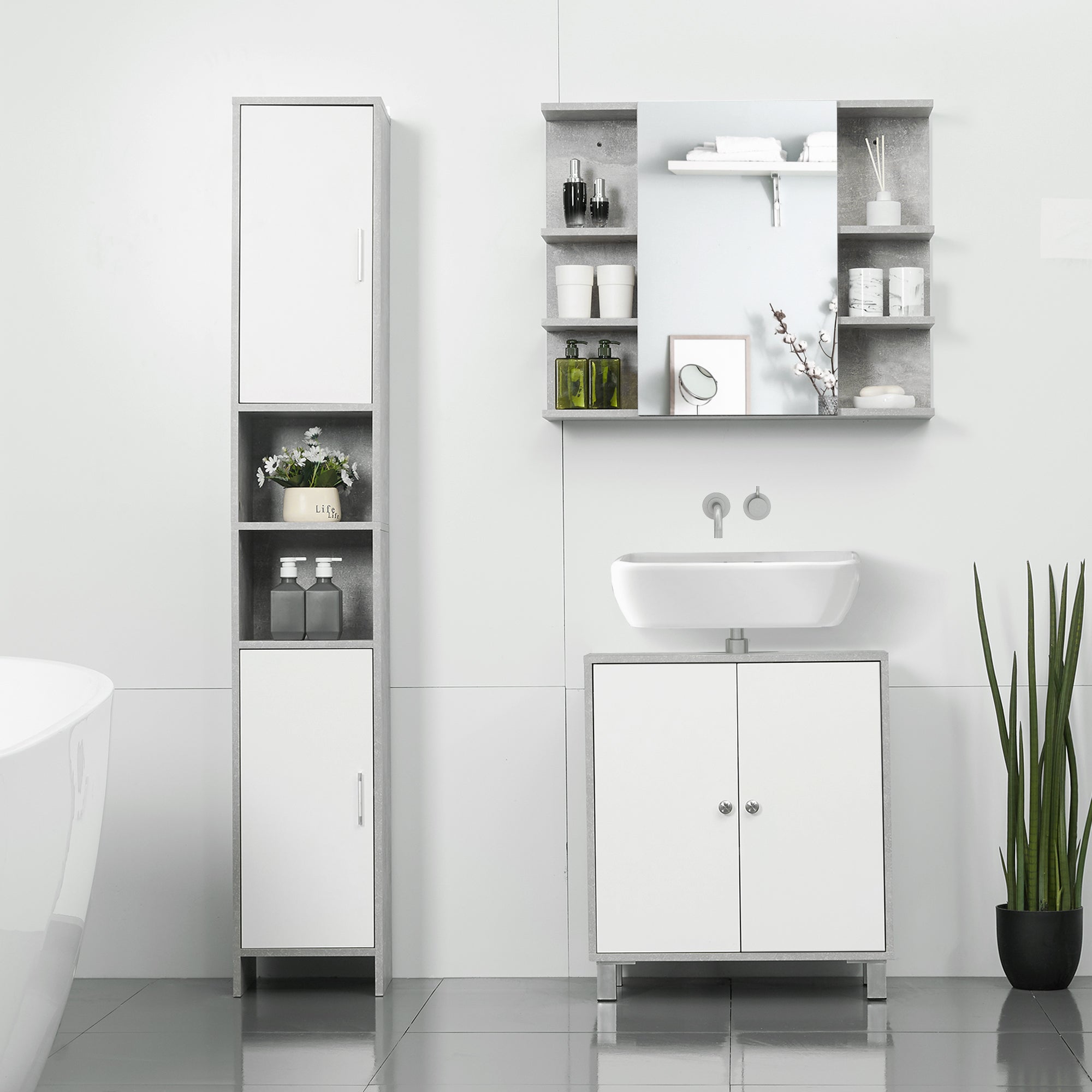 Medicine Cabinet with Mirror, Cement-Like Contemporary Bathroom Wall Cabinet with 6 Open Shelves, Grey Mirror Medicine Cabinets at Gallery Canada