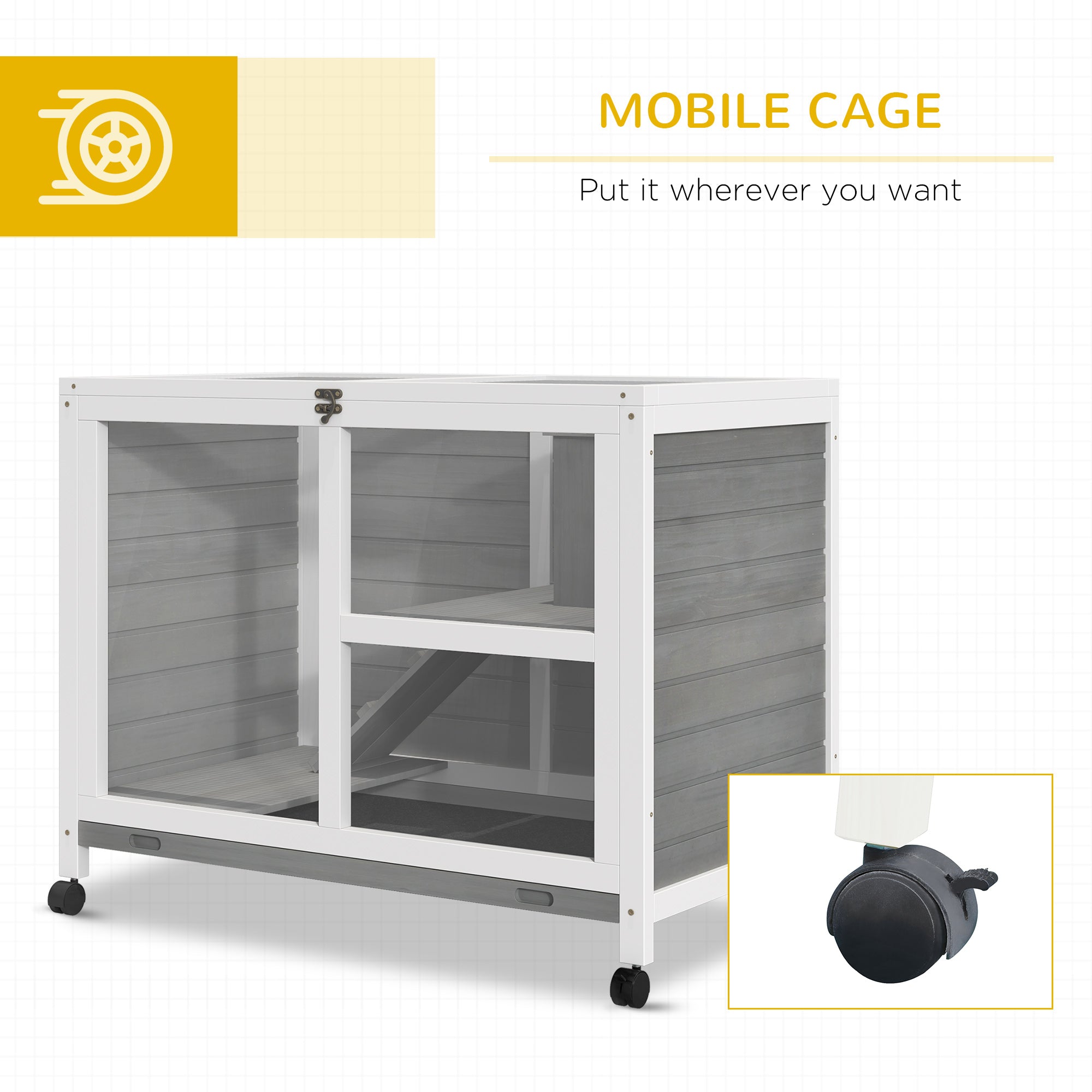 Indoor Rabbit Hutch with Wheels, Bunny Cage Guinea Pig House W/ Top Access, Ramp, Pull Out Tray, Grey Rabbit Hutch at Gallery Canada