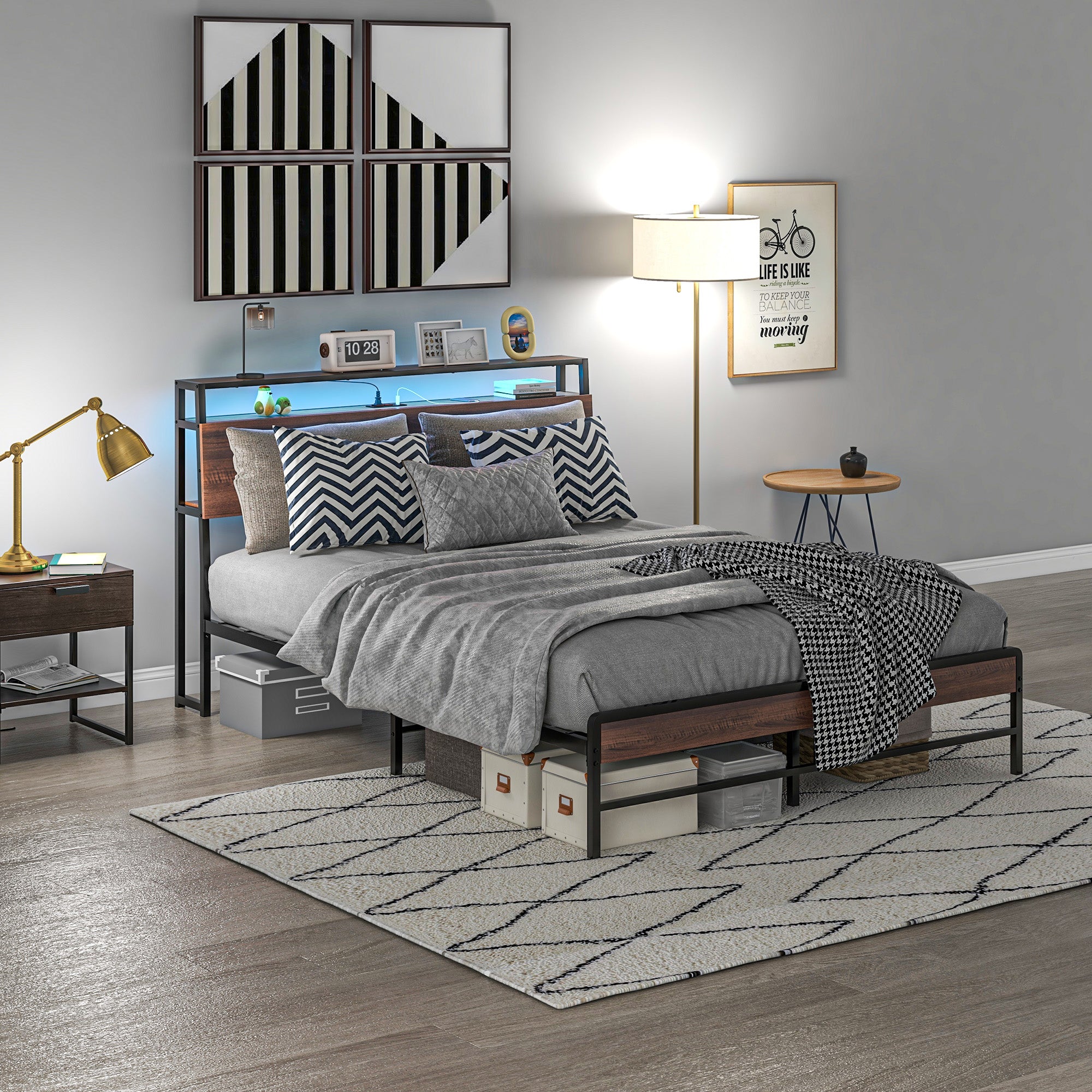 Queen Size Bed Frame with LED Lights and Charging Station, Queen Bed Frame with Storage Headboard, Noise-Free, Walnut Bedroom Furniture   at Gallery Canada