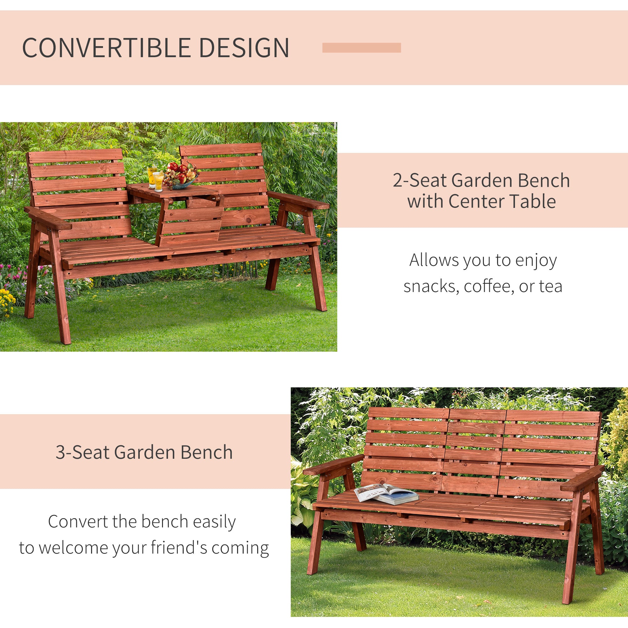 3-Seater Outdoor Bench with Convertible Middle Table, Garden Wooden Patio Loveseat with Middle Table for 2 Persons w/ Slatted Seat and Backrest, Armrests, Orange Outdoor Benches at Gallery Canada