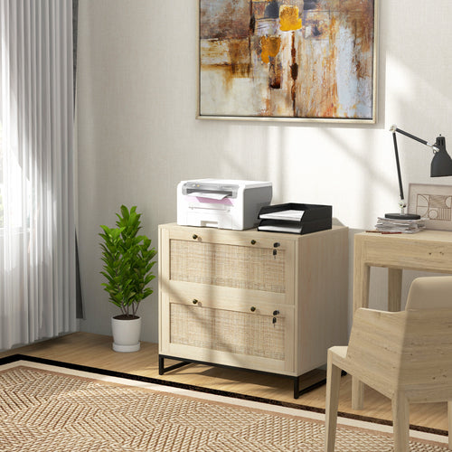 2-Drawer Filing Cabinet with Lock, Rattan File Cabinet with Adjustable Hanging Bar, Natural