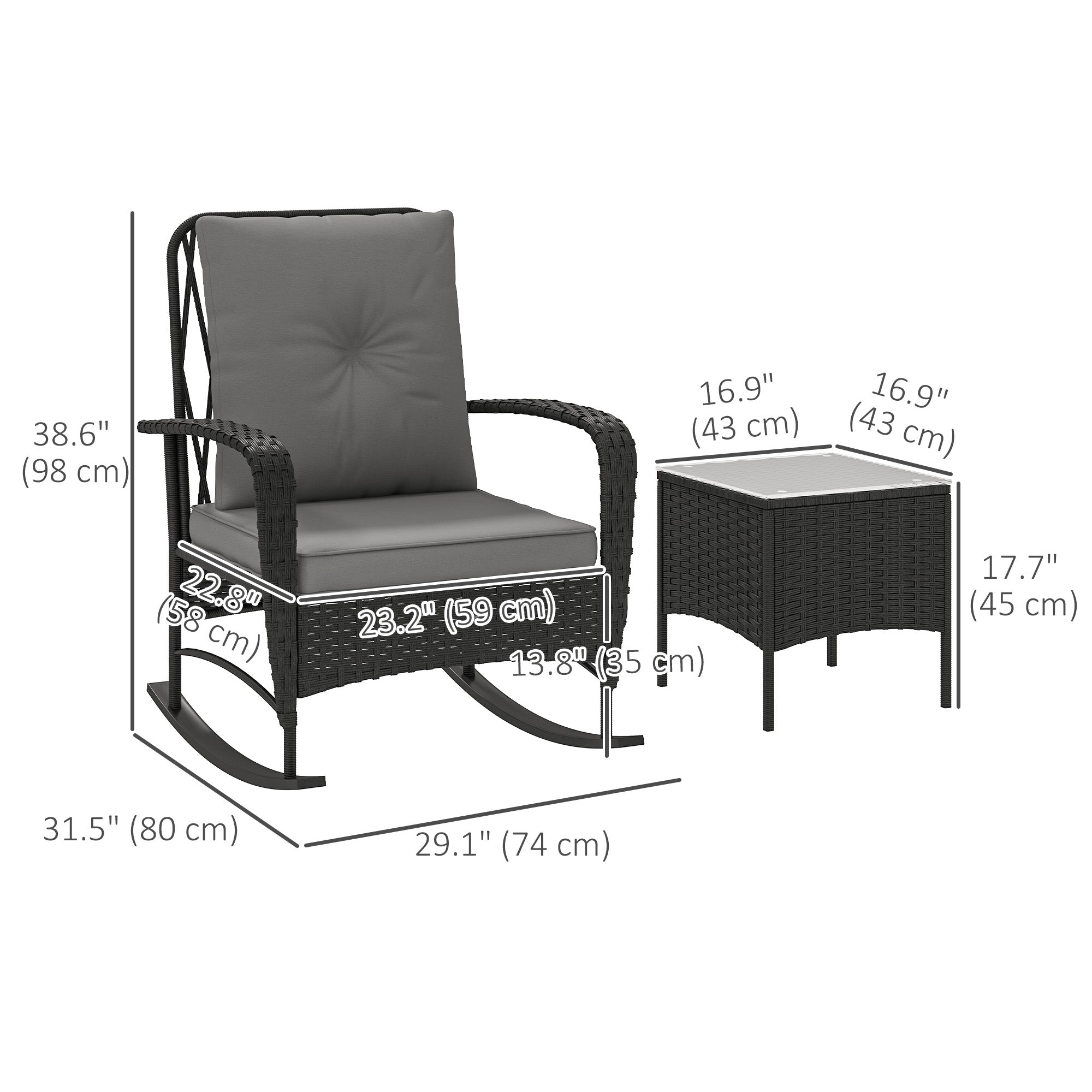 3 Pieces Rattan Bistro Set, Wicker Patio Furniture with Rocking Chairs, Thick Cushions for Porch Balcony, Grey Bistro Sets at Gallery Canada