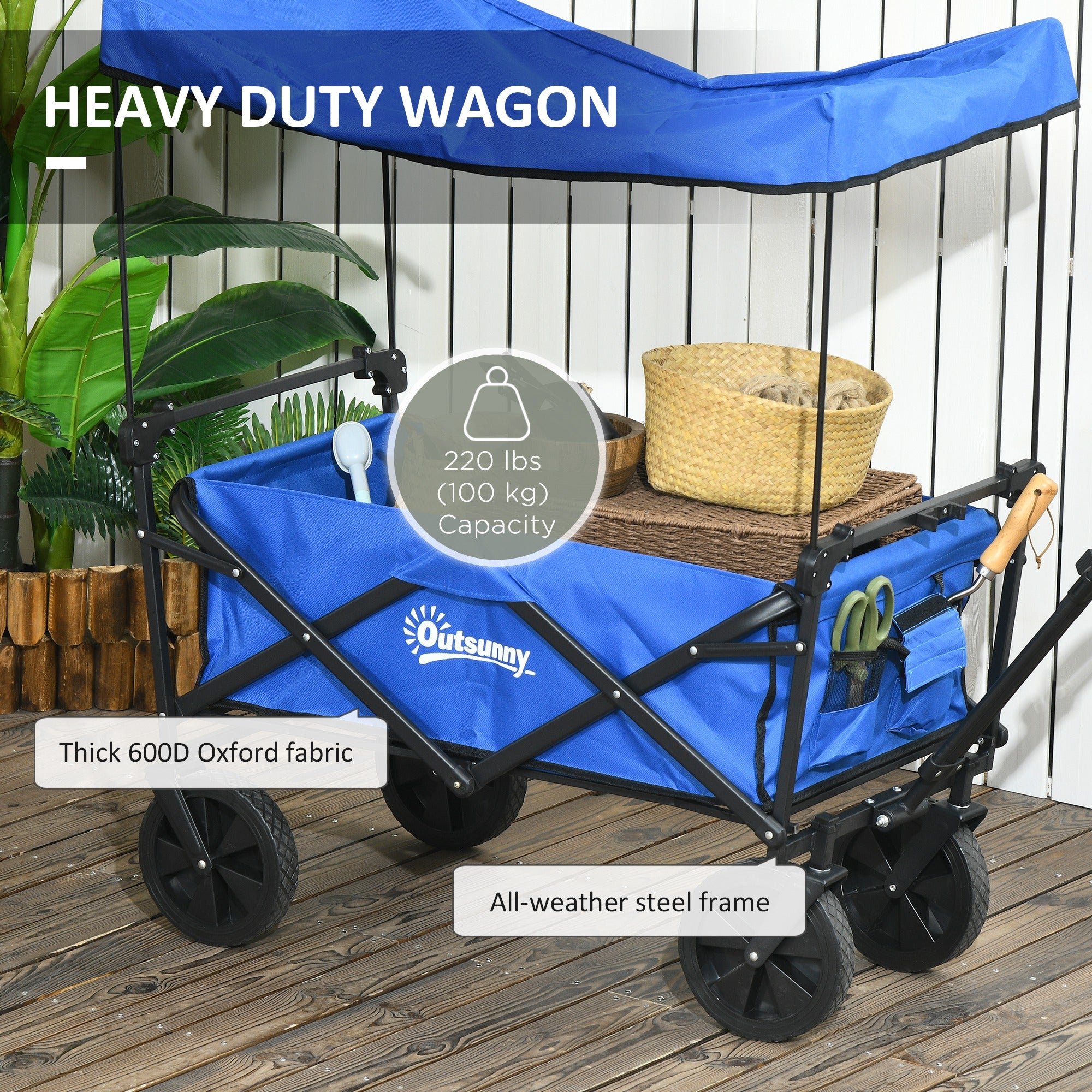 Steel Frame Folding Garden Cart, Collapsible Wagon Cart with Removable Canopy, Telescopic Handle and Carrying Bag, Dark Blue Folding Garden Carts at Gallery Canada