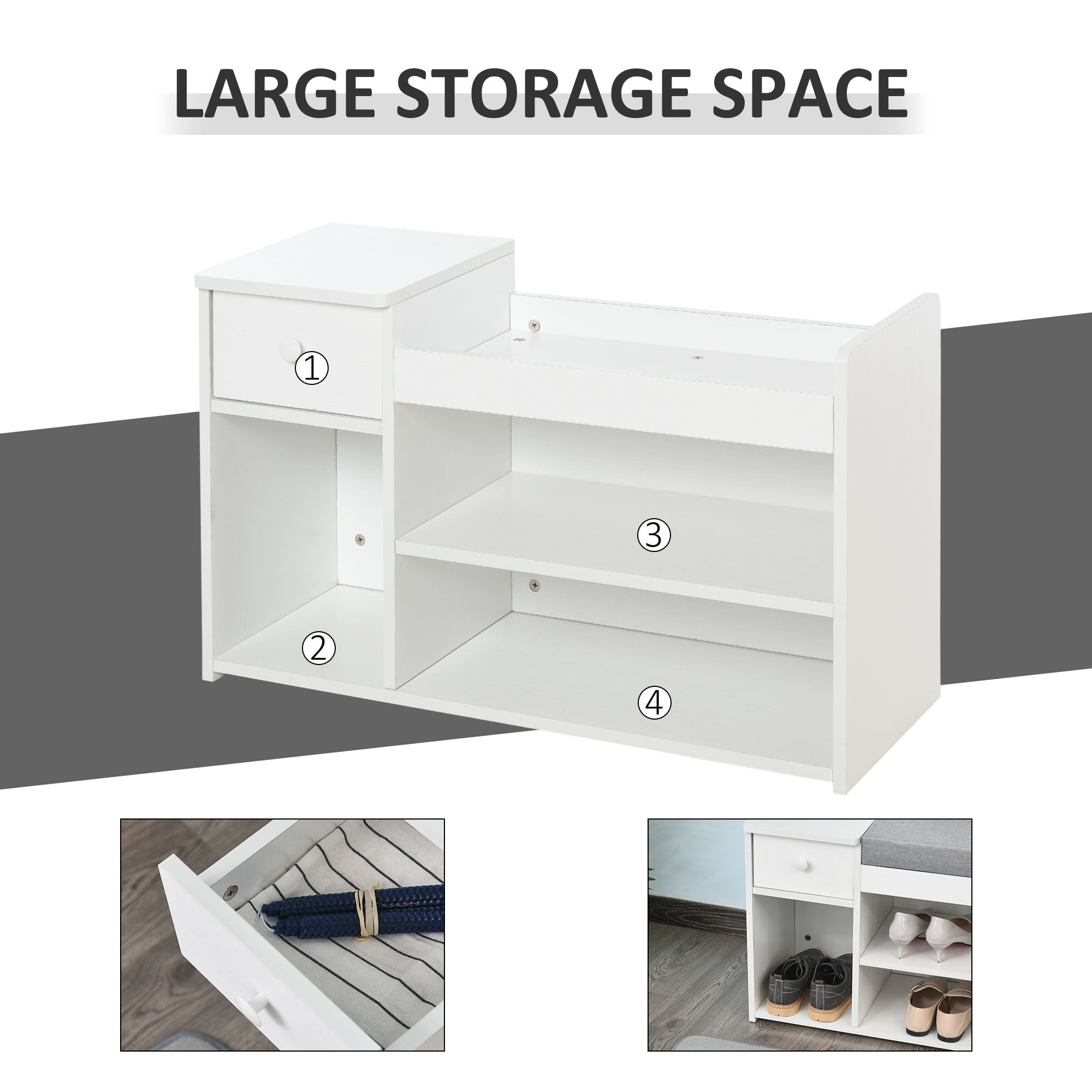 Shoe Bench with Storage, Modern Upholstered Entryway Bench with Shelves, Drawers and Table Top for Living Room, Hallway, White Shoe Storage Cabinets & Racks   at Gallery Canada