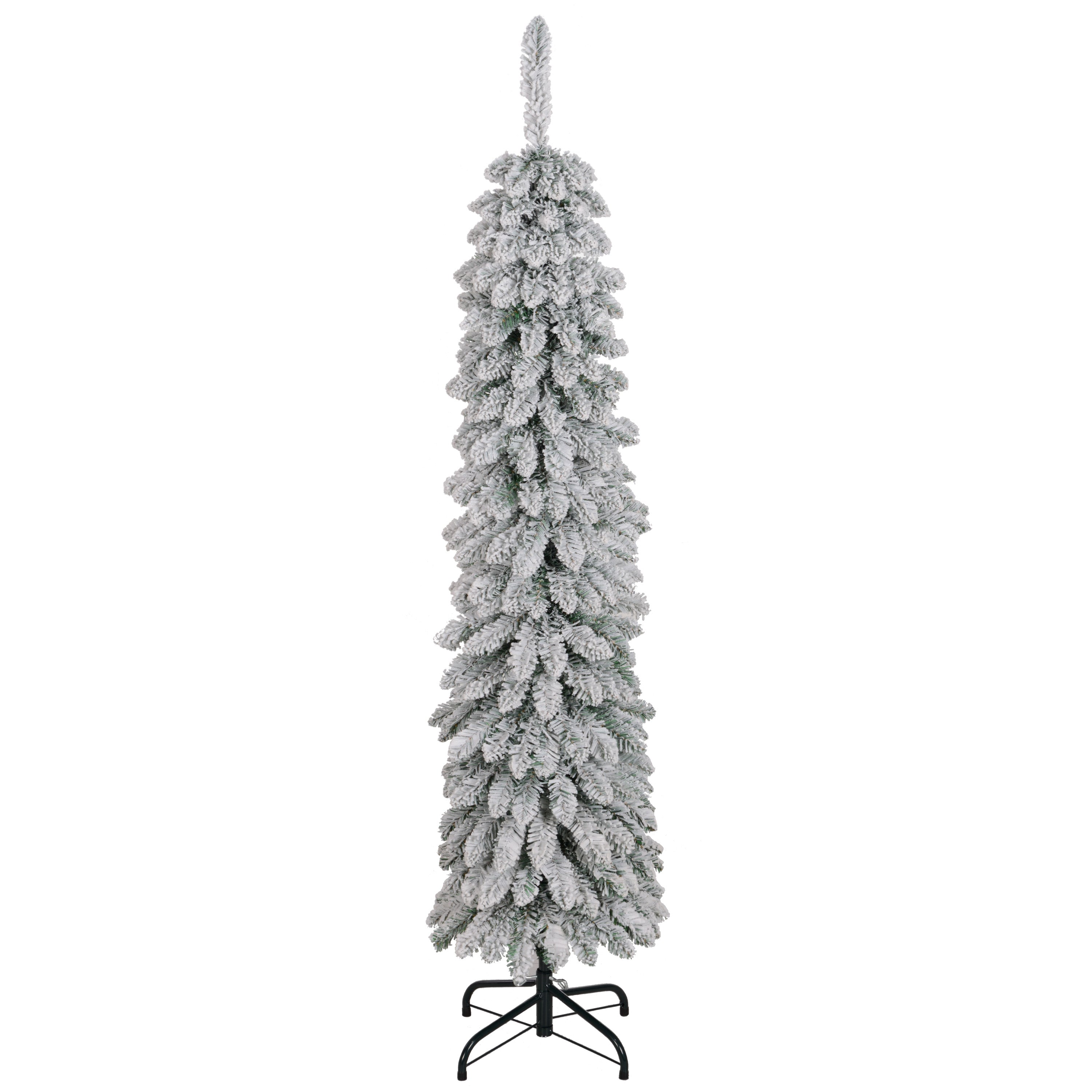 5ft Snow-Flocked Artificial Christmas Tree, Slim Pencil Xmas Tree with 301 Realistic Branches, Metal Base, Green Pencil Christmas Trees Green at Gallery Canada