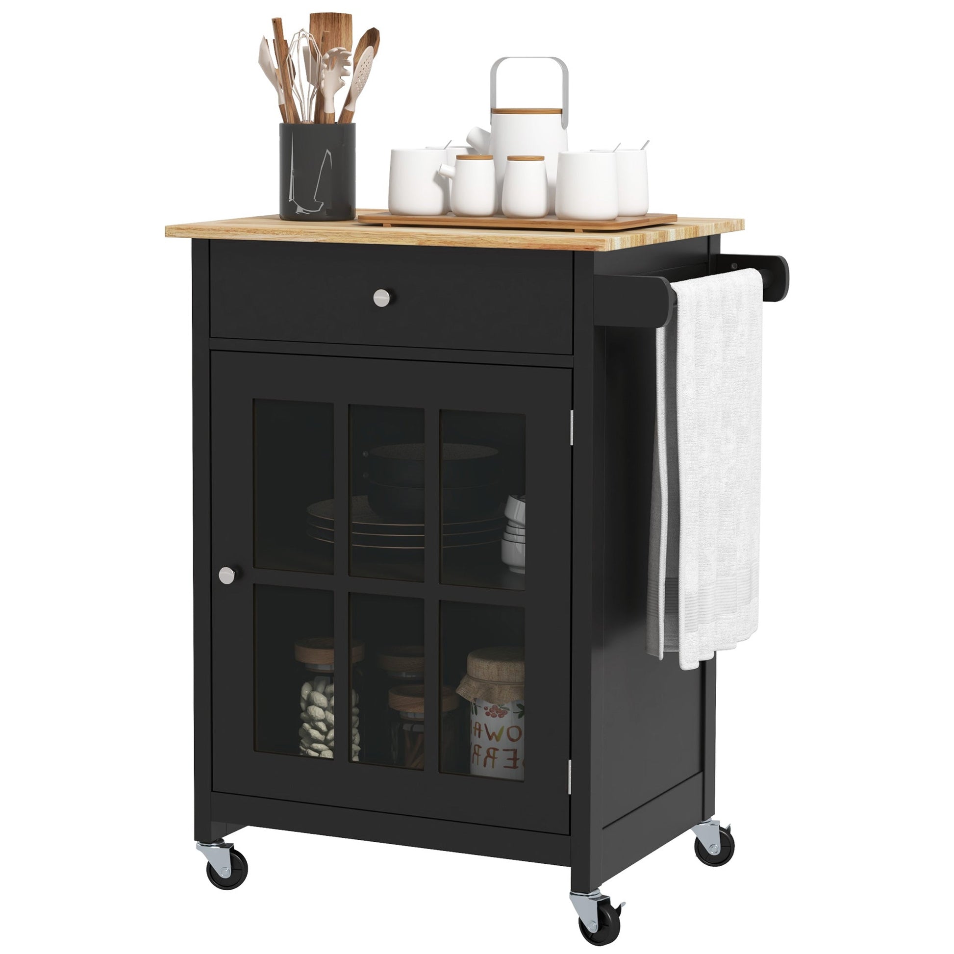 Rolling Kitchen Cart with Drawer and Glass Door Cabinet, Kitchen Island on Wheels with Towel Rack, Black Kitchen Islands & Kitchen Carts Black & Oak  at Gallery Canada