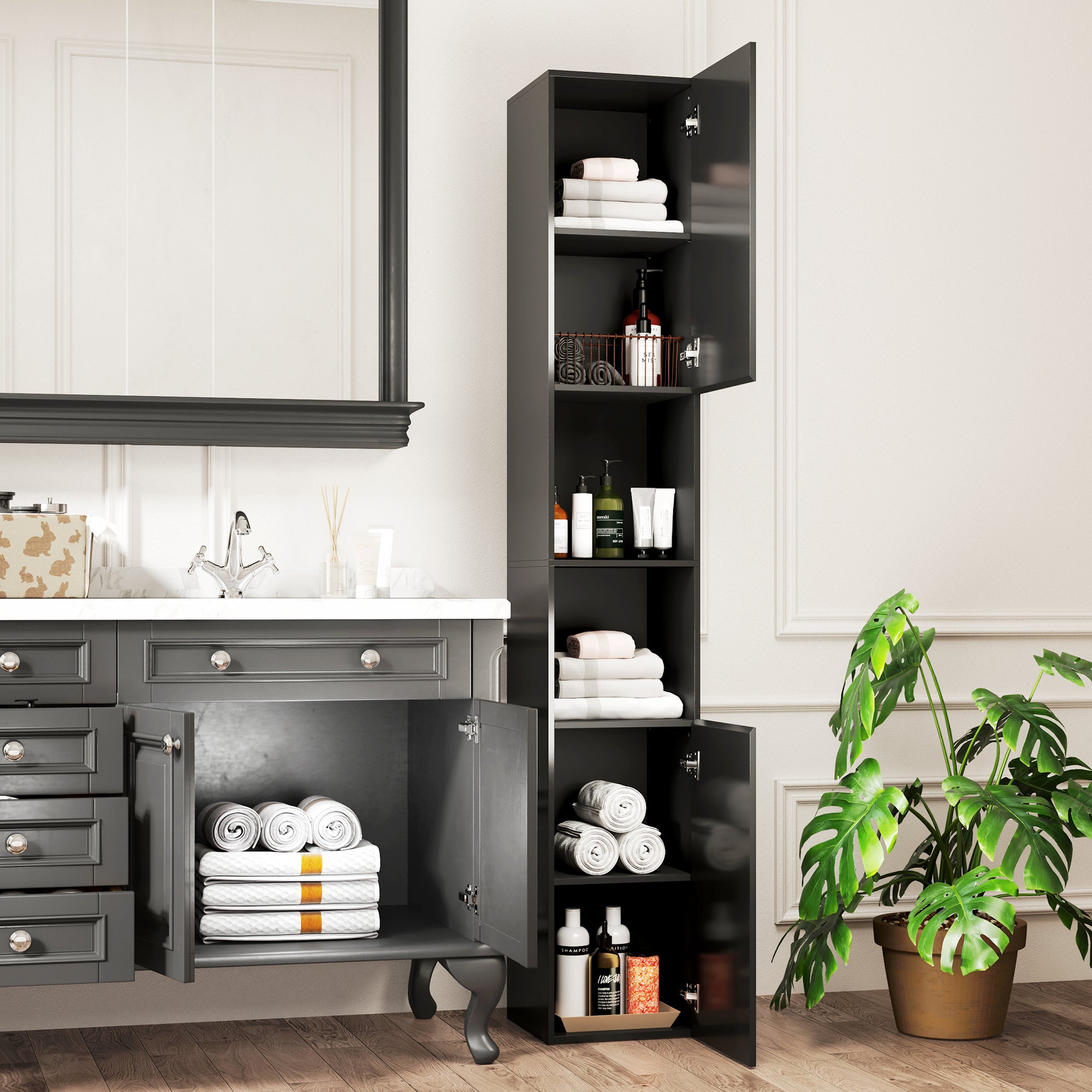 Tall Bathroom Cabinet, High Gloss Storage Cabinet with Doors and Adjustable Shelves, 11.8