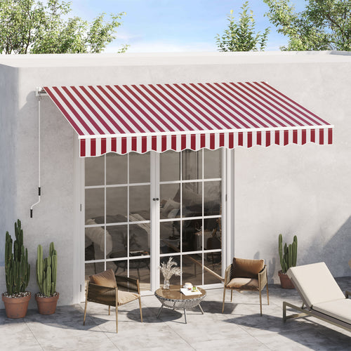 10' x 8' Manual Retractable Awning, Sun Shade Shelter Canopy, with Aluminum Frame and UV Protection for Patio Deck Yard Window Door, Wine Red and White Stripe