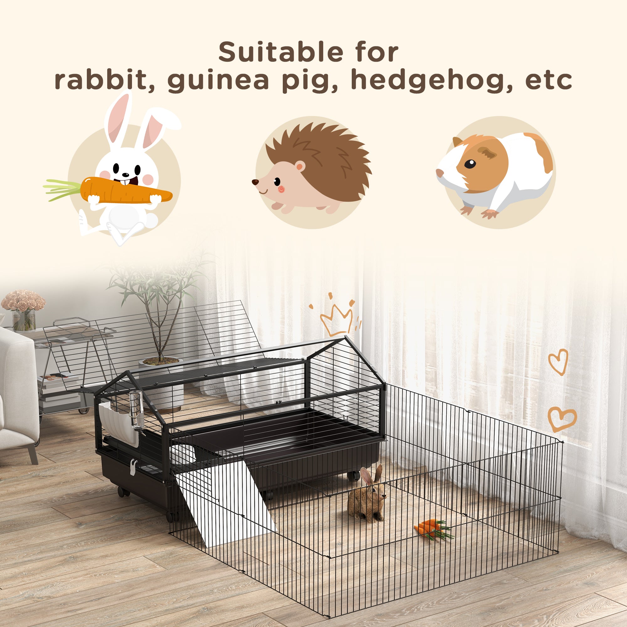 Metal Small Animal Cage, Rabbit Cage for Guinea Pig, Chinchilla, Hedgehog, Bunny with Removable Wheels and Foldable Detachable Run Fence 47.2