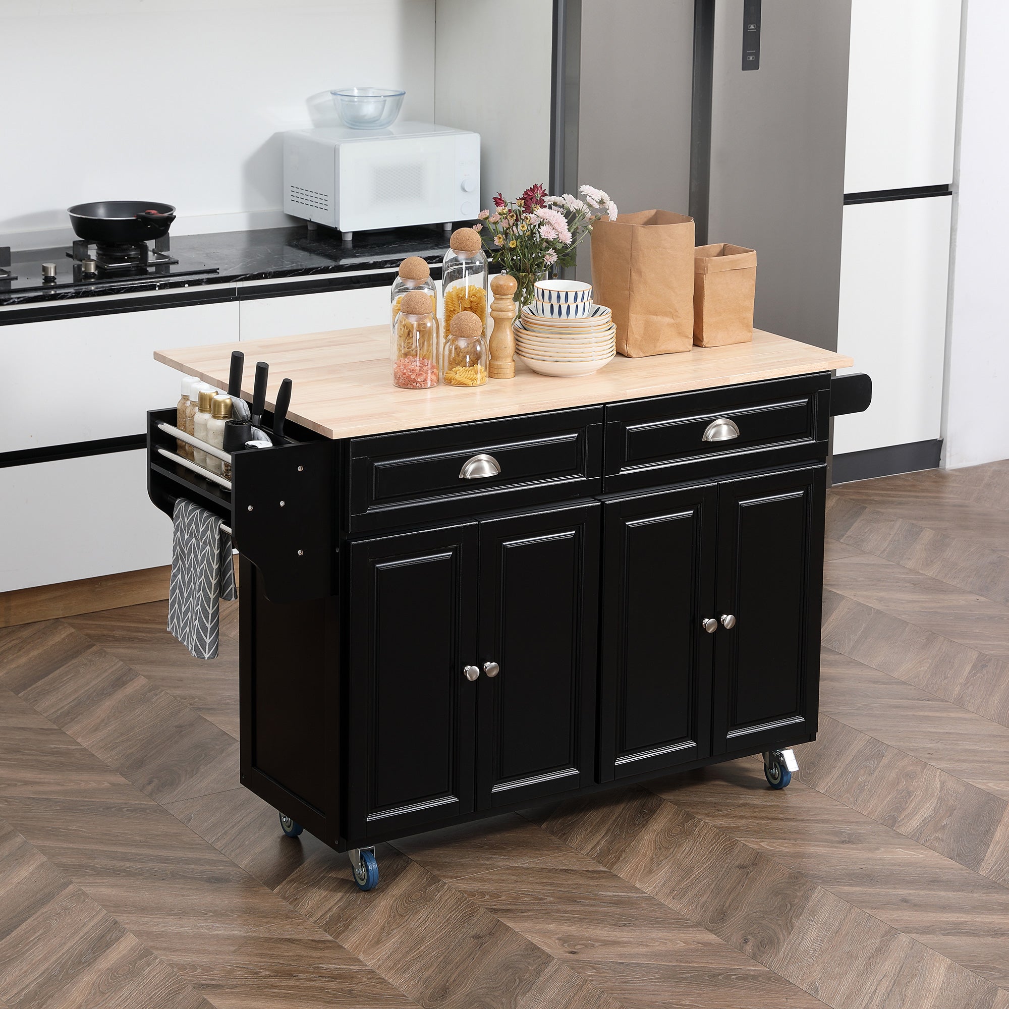 Kitchen Island with Storage, Rolling Kitchen Island with Drop Leaf, Rubber Wood Top and Adjustable Shelves, Black Kitchen Islands & Kitchen Carts at Gallery Canada