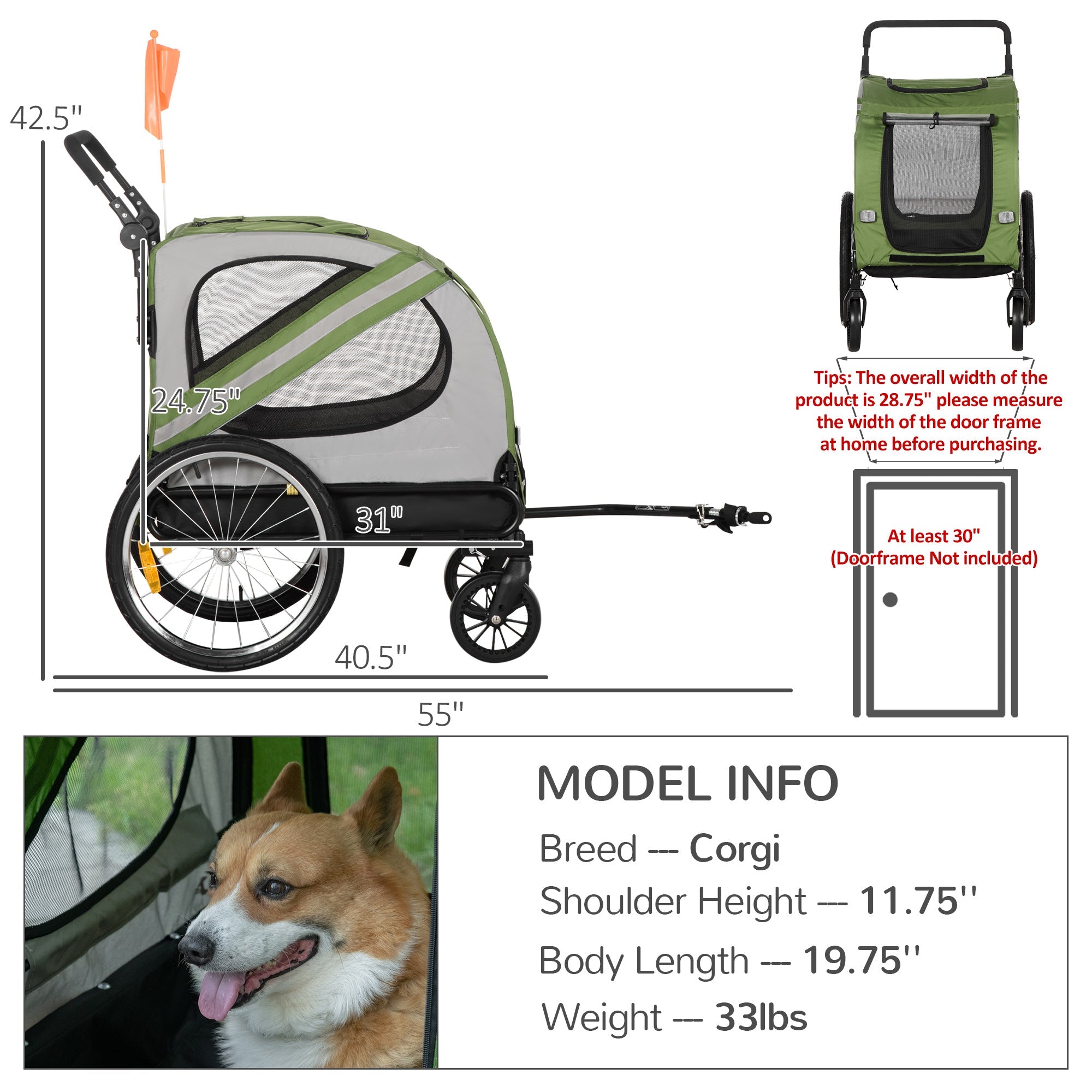 Dog Bike Trailer, 2-in-1 Dog Wagon Pet Stroller for Travel with Universal Wheel Reflectors Flag, for Small and Medium Dogs, Green Dog Bike Trailers & Strollers   at Gallery Canada