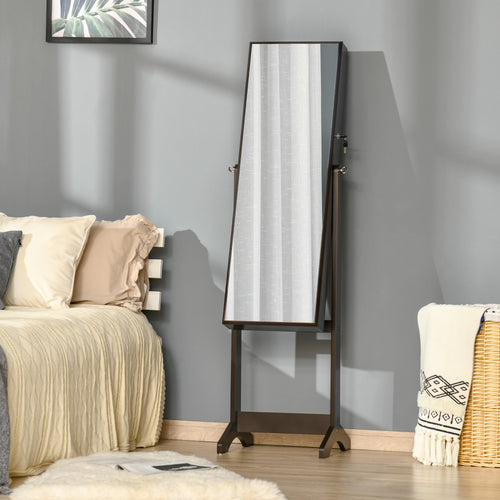 Jewelry Cabinet Floor Standing, Lockable Jewelry Organizer with Full-Length Mirror, 3 Angle Adjustable, Brown
